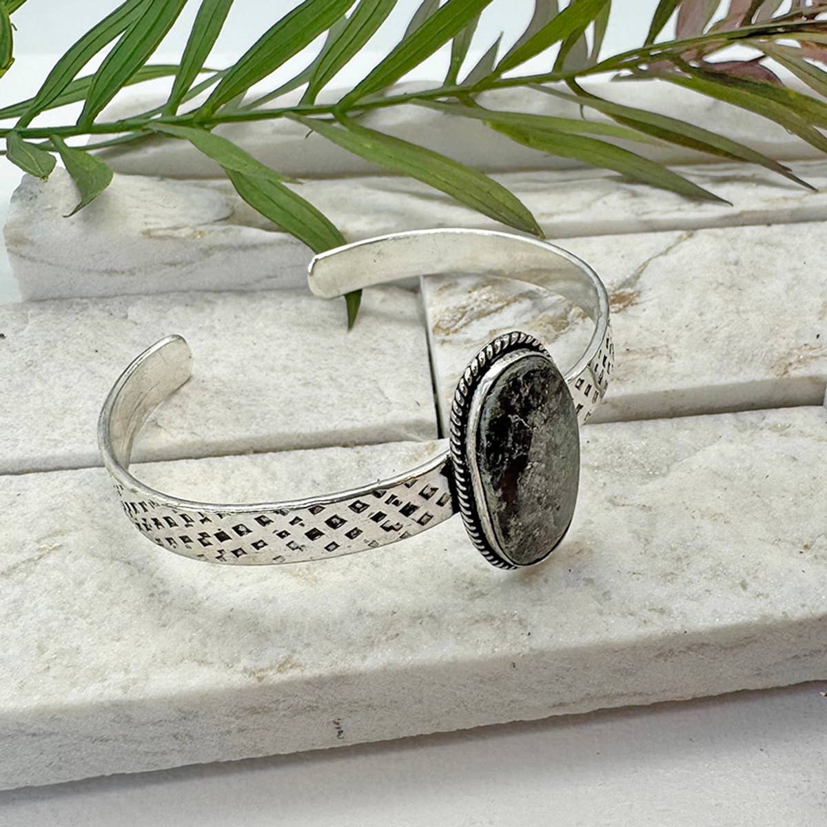 Handcrafted Semiprecious Stone Cuff - Black Fossil Coral