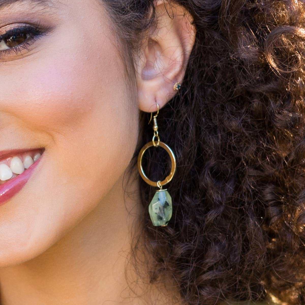 Gold-Plated Long Earrings With Dendritic Prehnite Stones