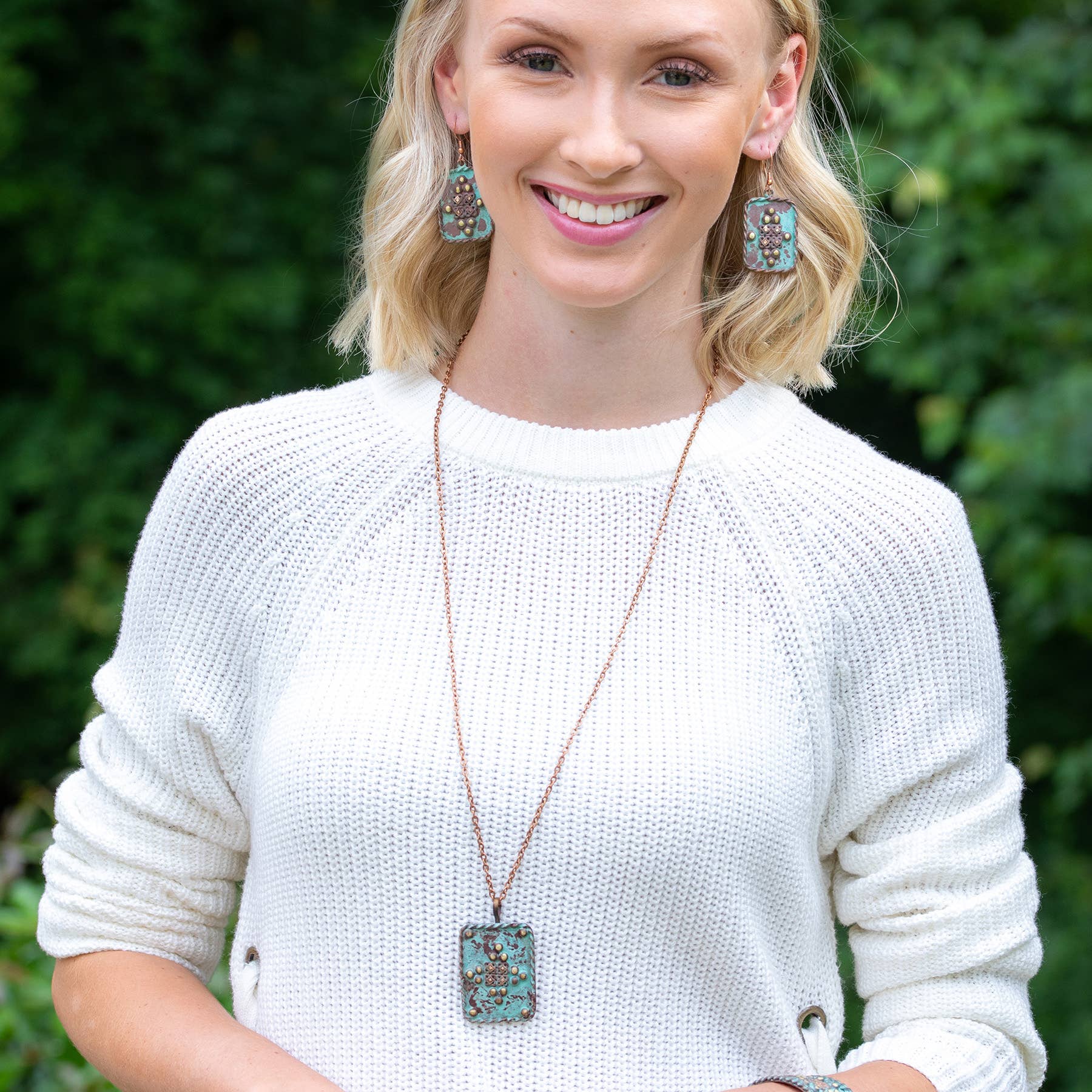 Copper Patina Necklace - Turquoise Rivets Rectangle Pendant