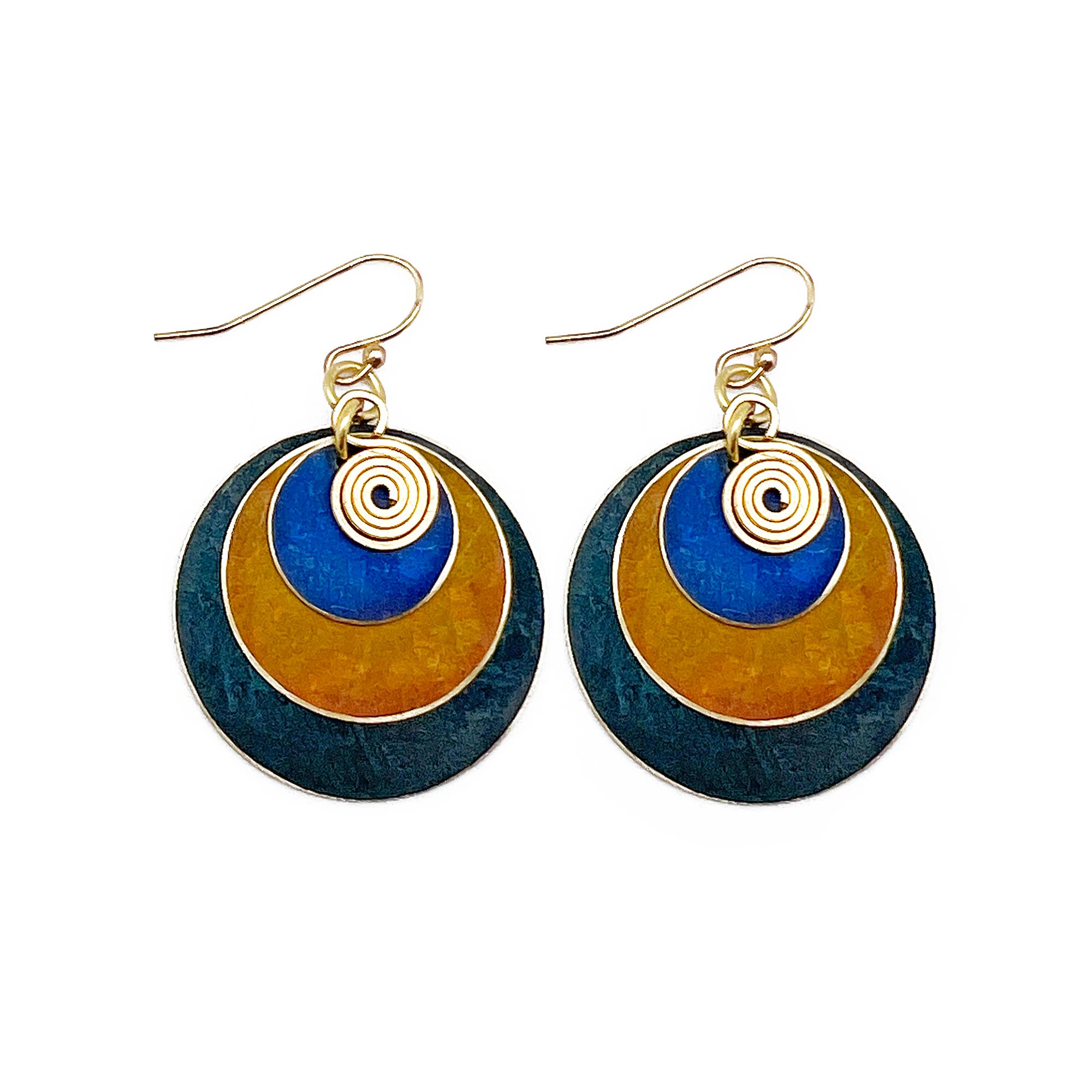 Brass Patina Earrings - Blue Hues and Orange with Swivel
