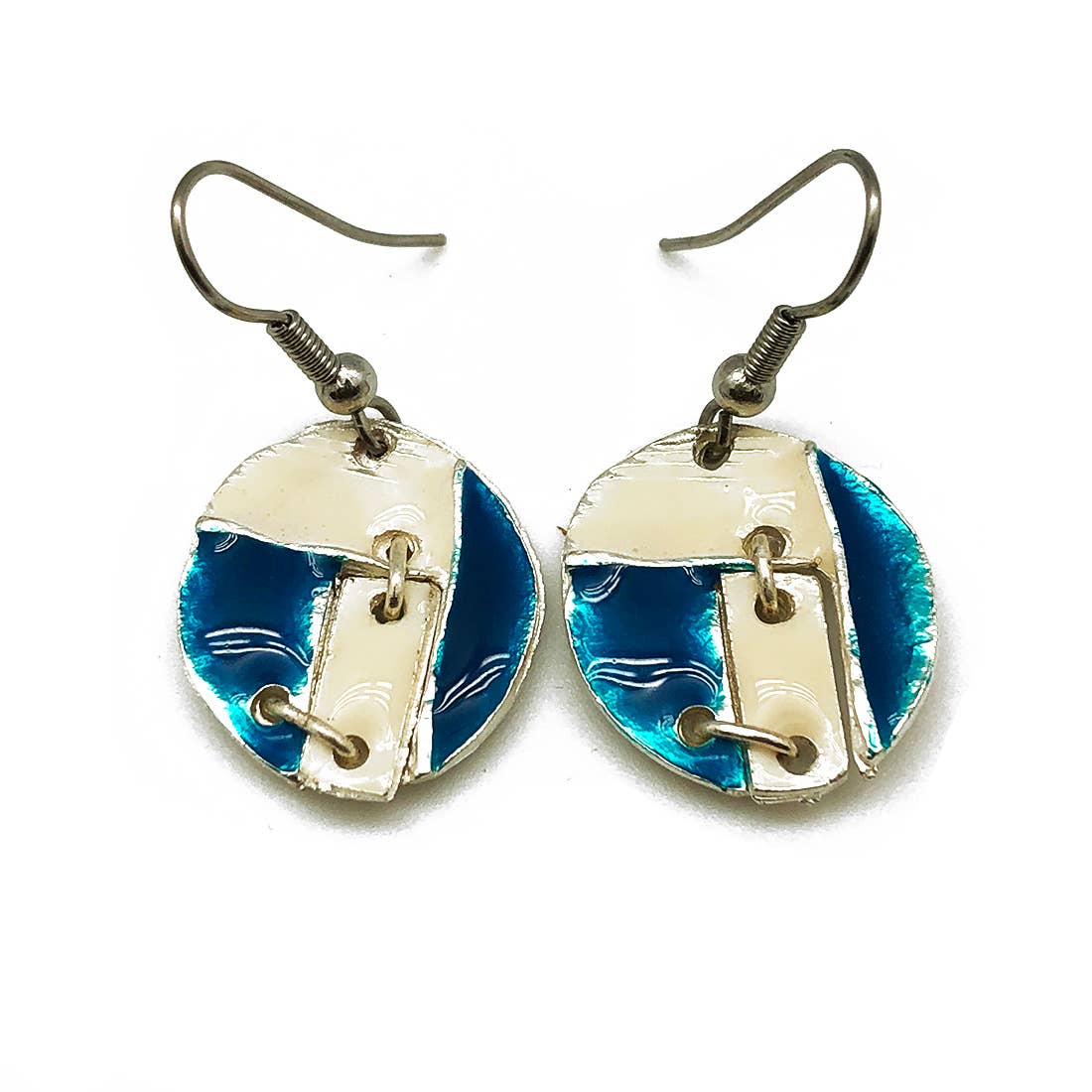 Pewter Earrings with Color Enamel - Teal/Cream