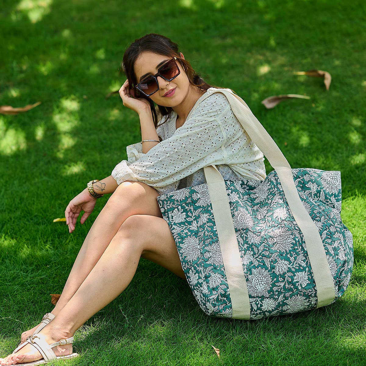 Handcrafted Canvas Bag with Block-Printed Verdant Bloom