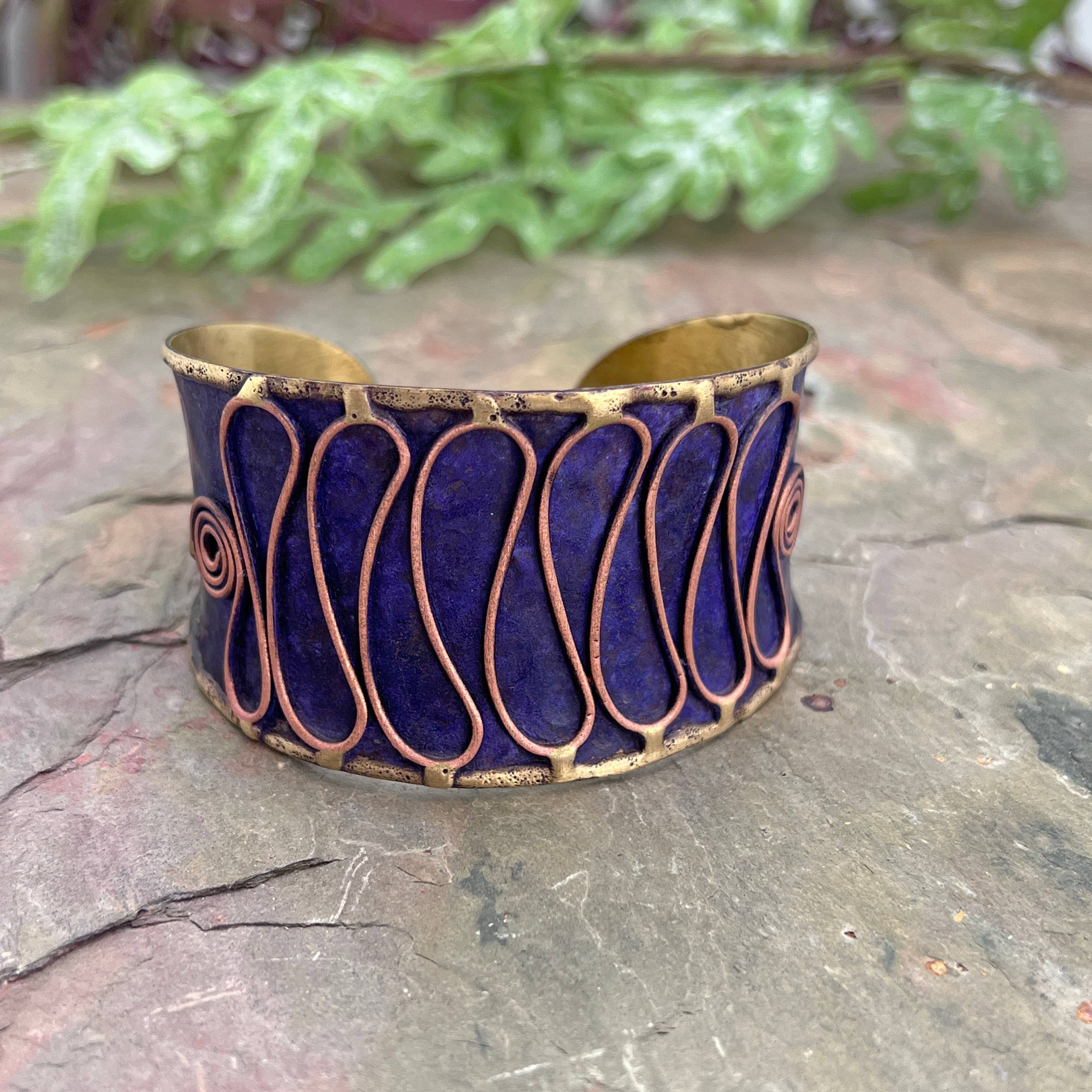 Brass Patina Cuff Bracelet - Purple Swirls