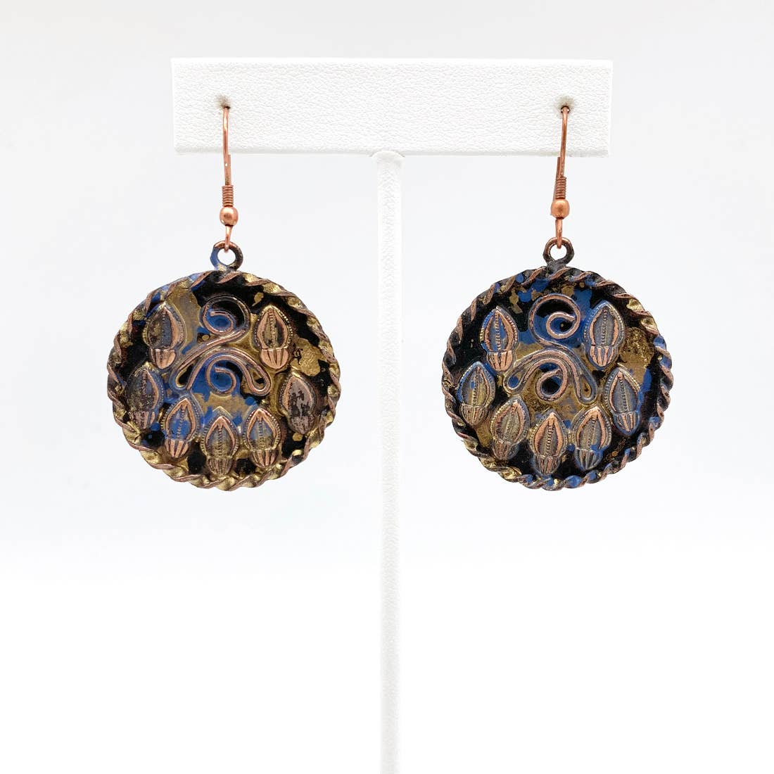 Copper Patina Earrings - Filigree in Blue and Gold Circles
