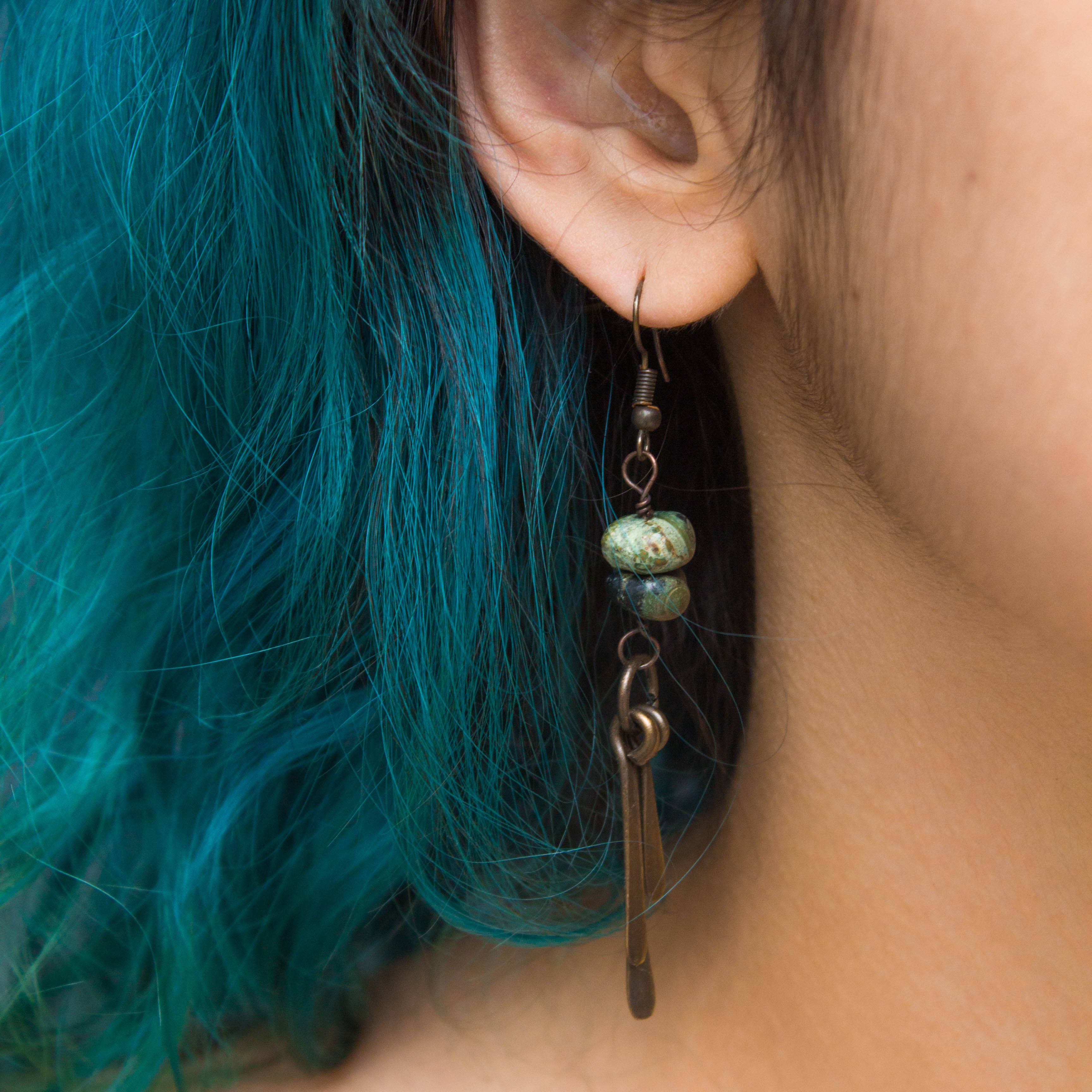 Brass Fringe Earrings with Kambaba Jasper