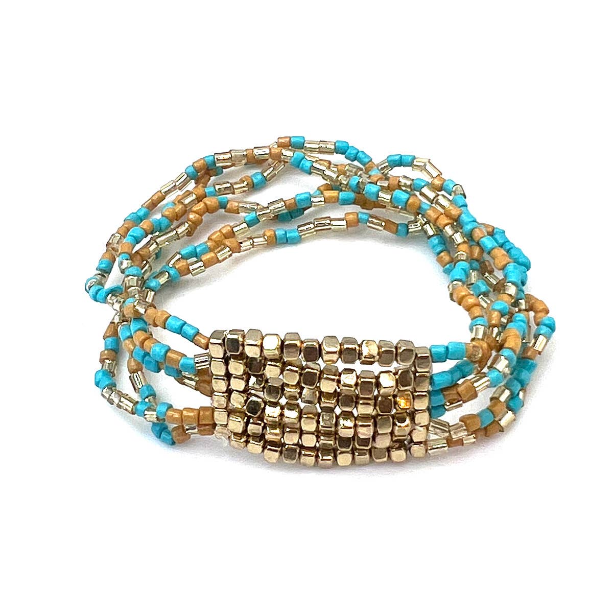 Seed Bead Stretch Statement Bracelets- Turquoise and Tan