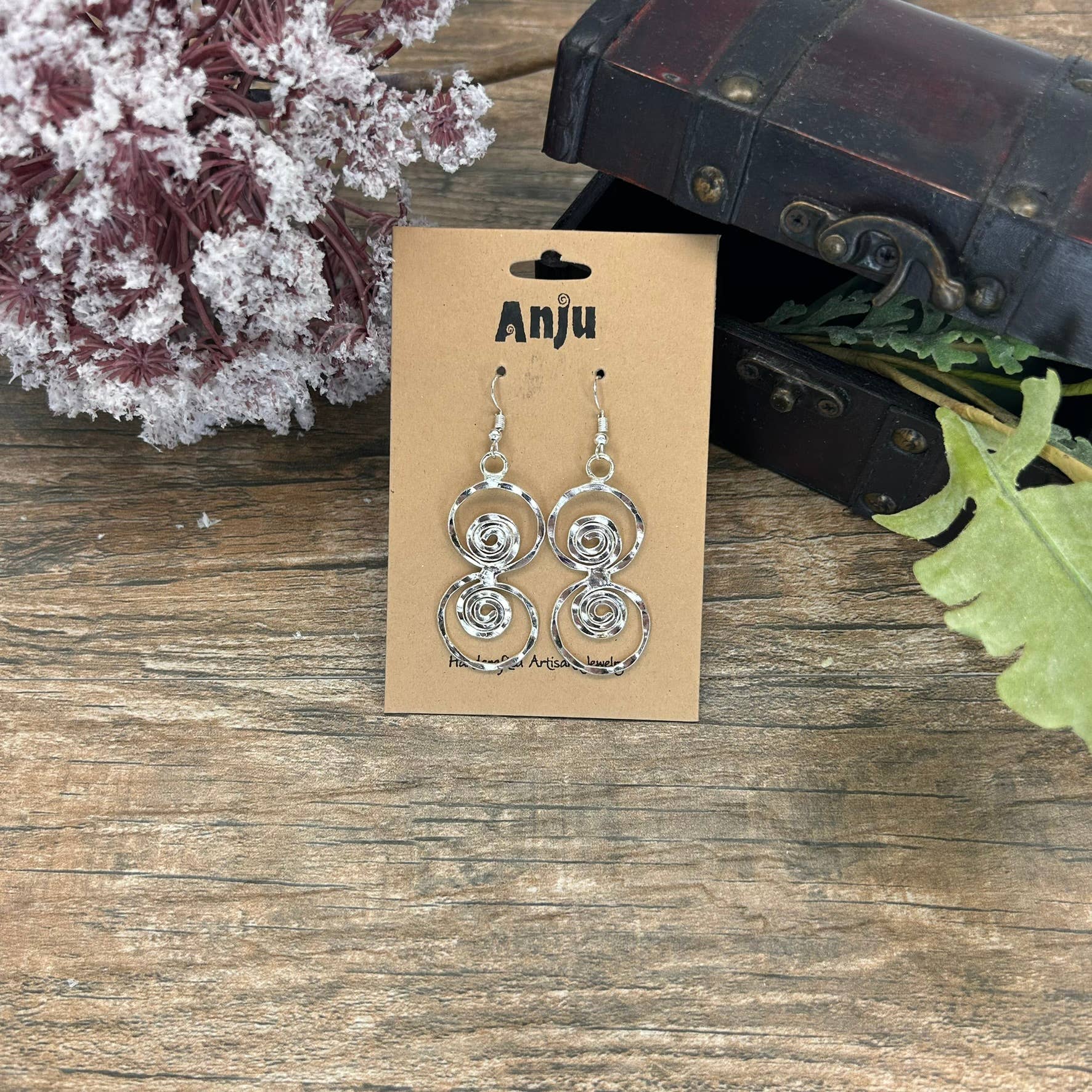 Silver Plated Earrings - Two Circles With Spirals