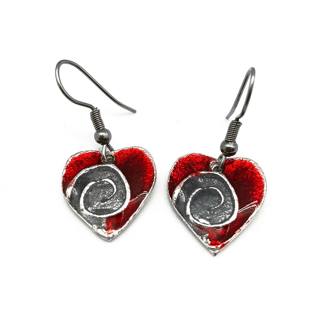 Pewter Earrings with Color Enamel - Red/Grey Heart
