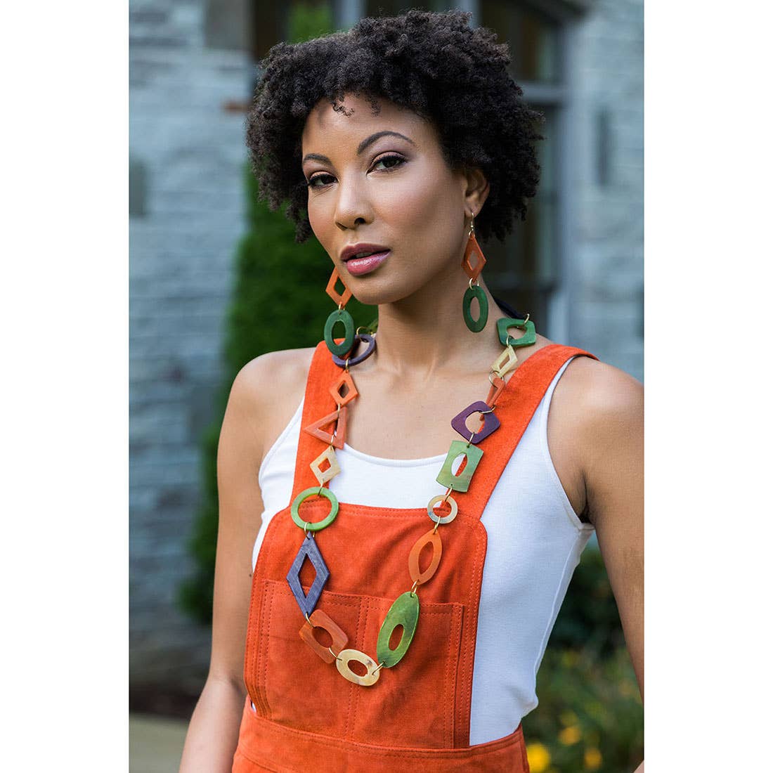 Omala Earrings - Open Diamond and Oval Beads - Orange/Green
