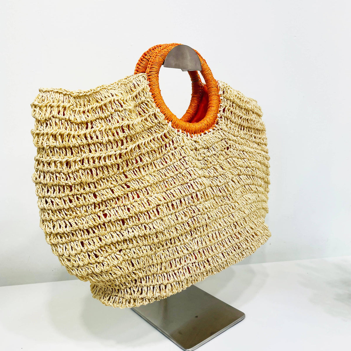 Cali Basket Raffia Bag with Colorful Wrapped Wooden Handle - Orange