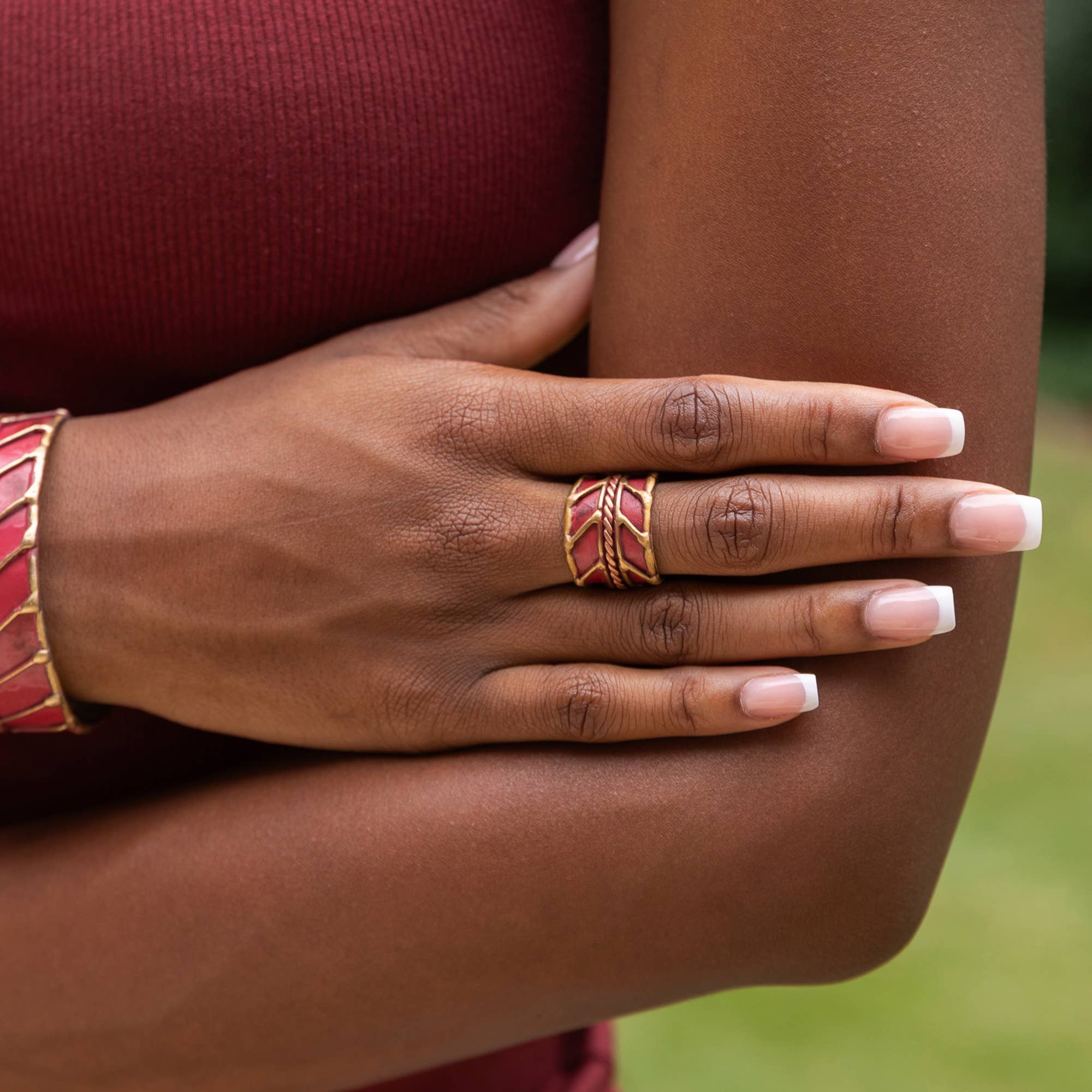 Handcrafted Cranberry Red Herringbone Brass Patina Ring