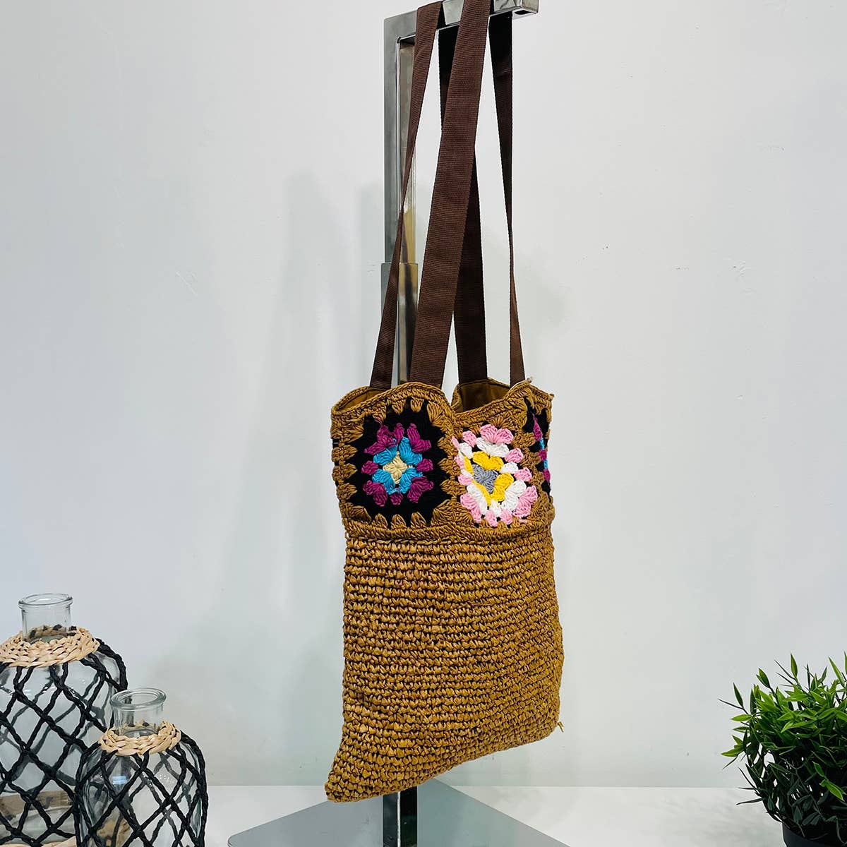 Nola Cotton Crochet and Raffia Shoulder Bags - Chocolate Brown