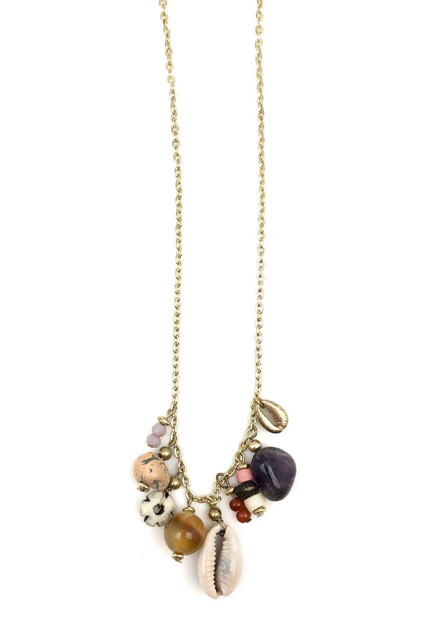 Sachi Shell Cluster Short Necklace - Pink/Purple Beads