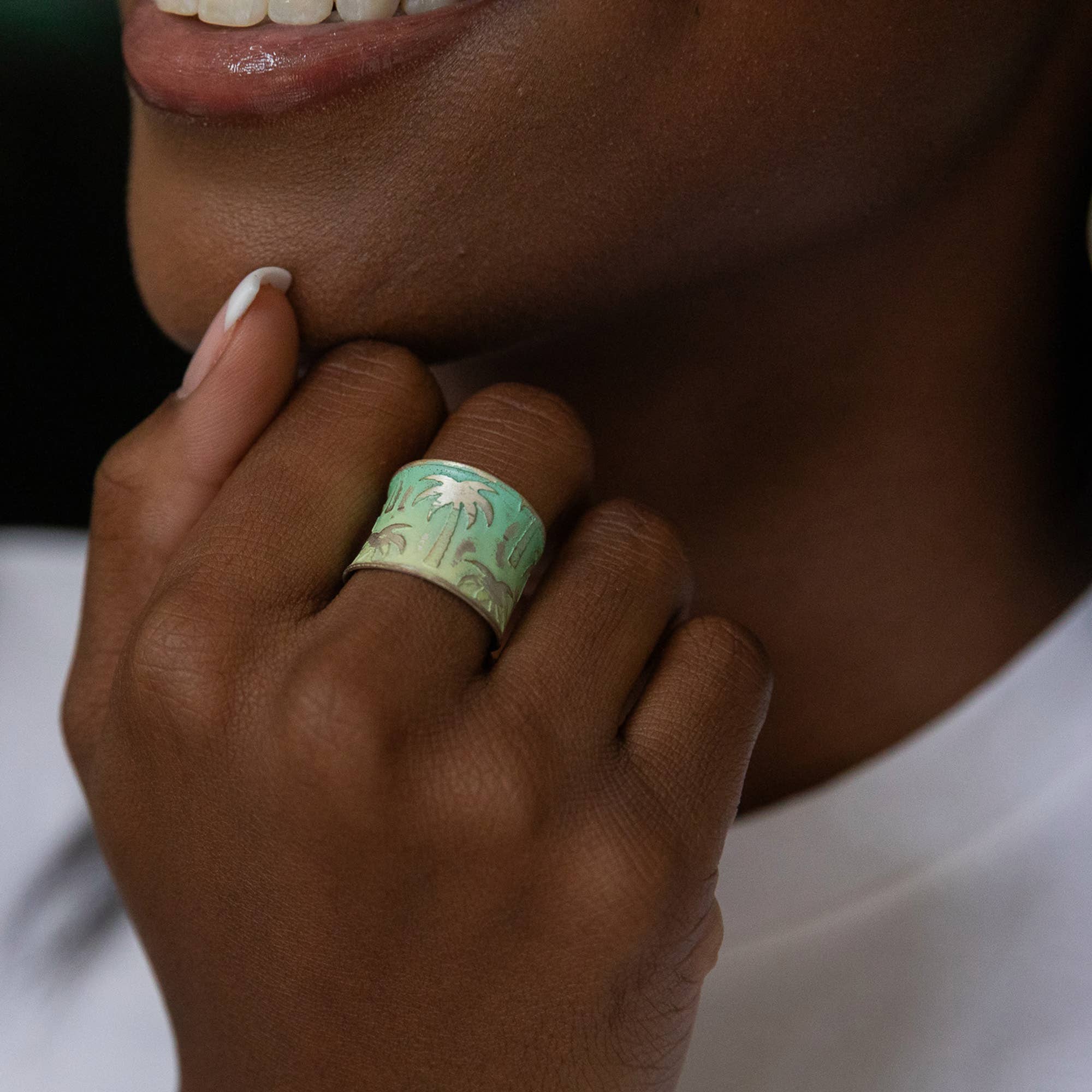 Handcrafted Green & Yellow Palm Tree Patina Ring