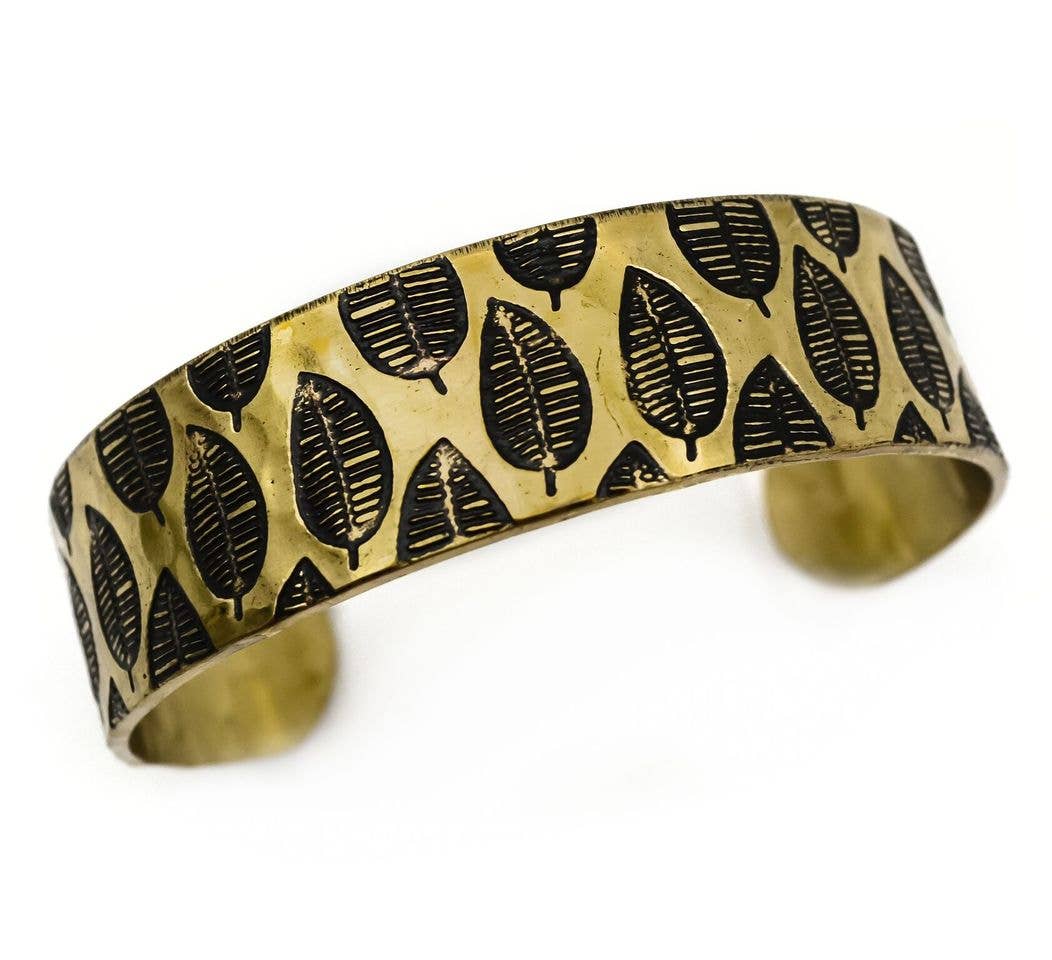 Modern Leaf Brass Engraved Cuff Bracelet