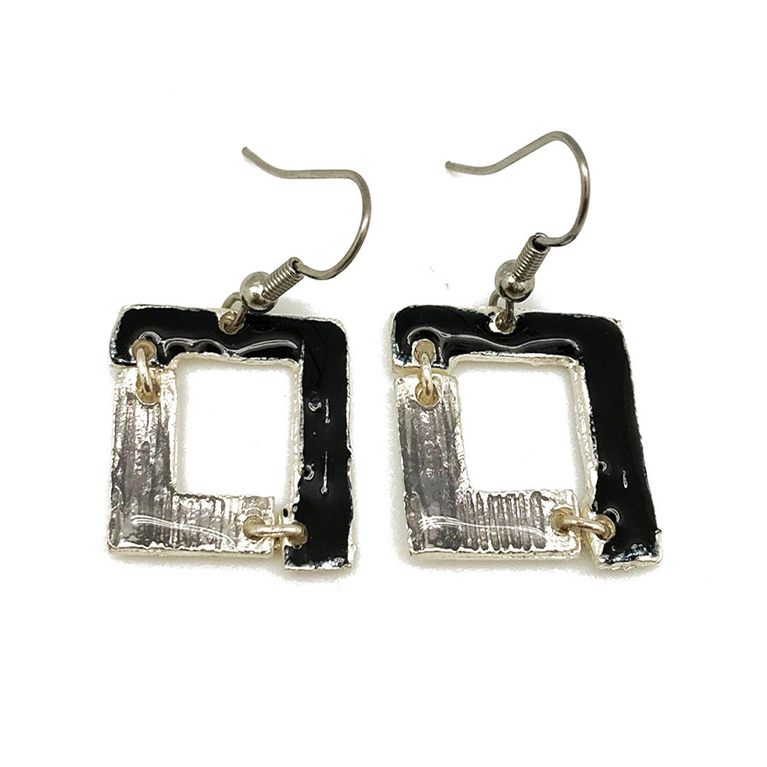 Pewter Earrings with Color Enamel - Open Frame Square, Black/Grey