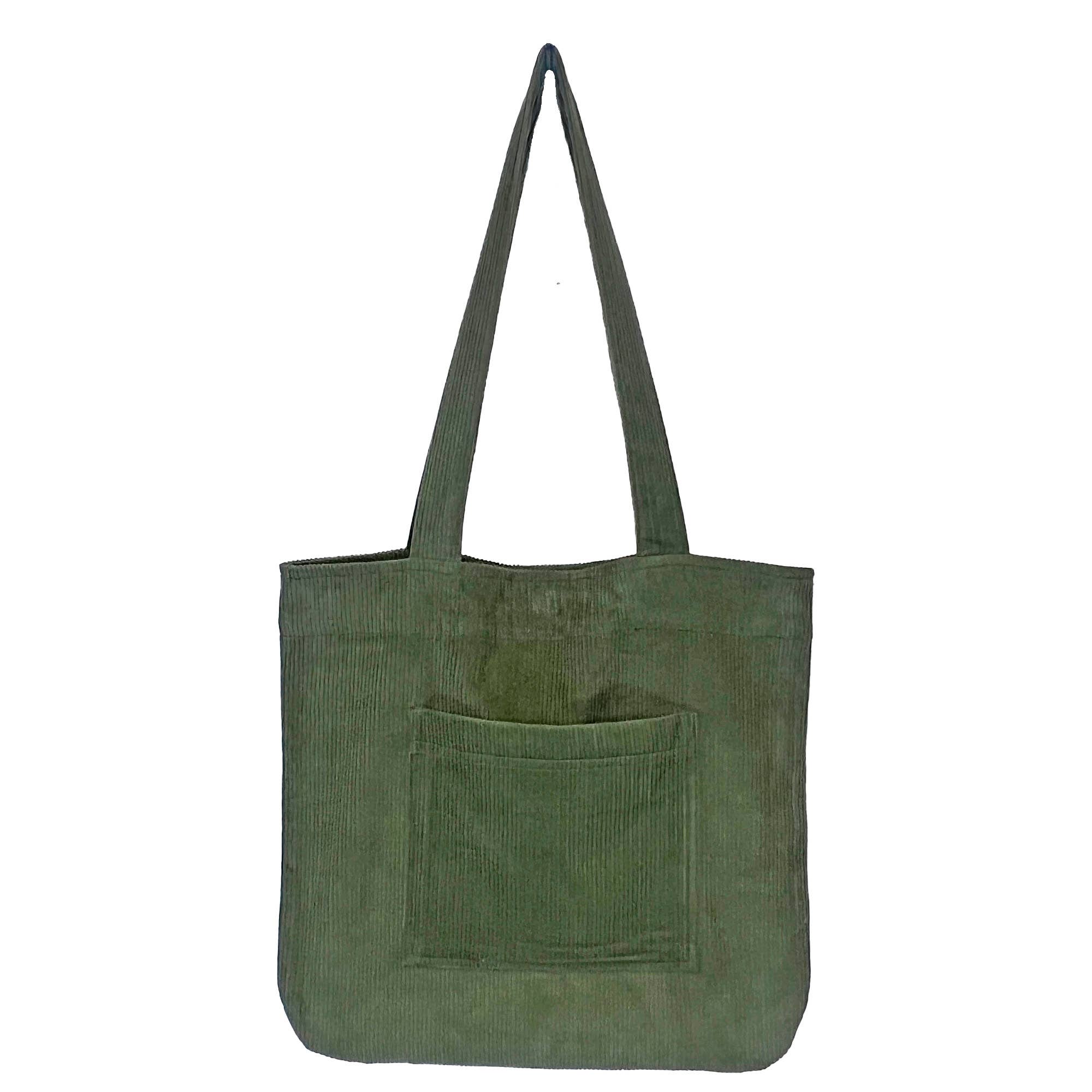 Corduroy Tote Bag with Front Pocket - Olive