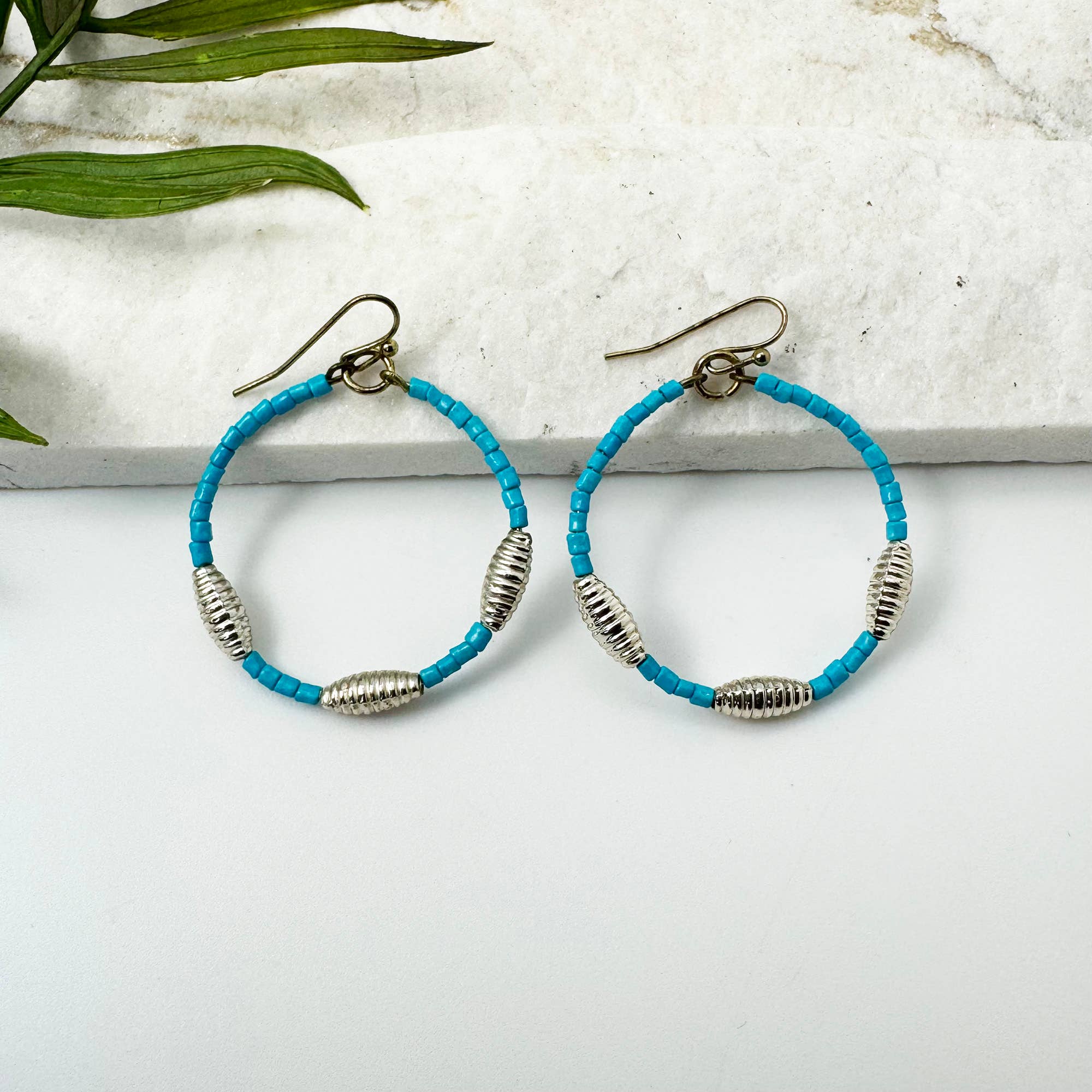 Seed Bead Hoop Earrings - Ocean Blue