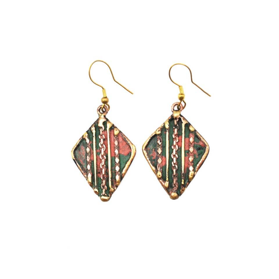 Brass Patina Vertical Stripes and Chains Earrings