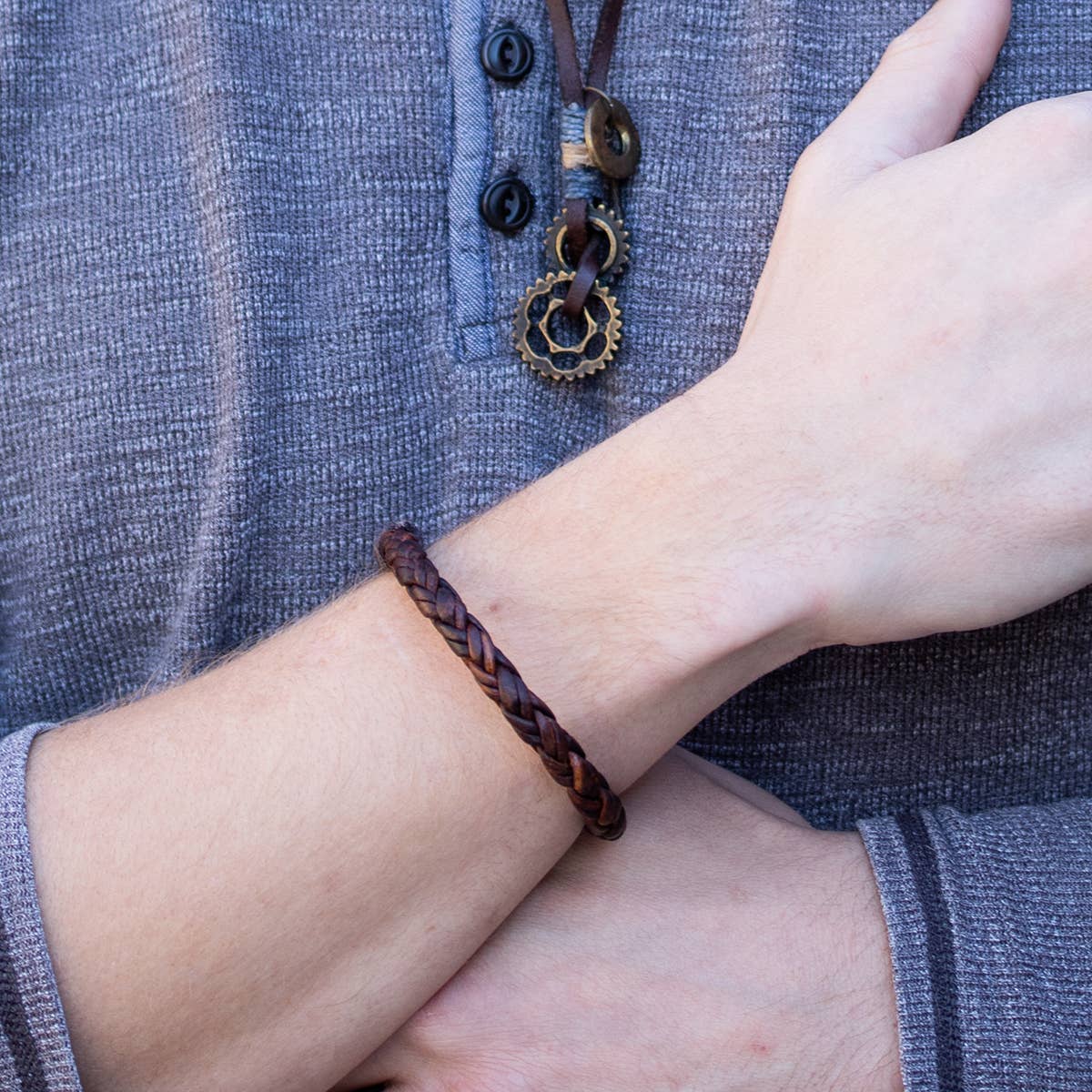 Aadi Leather Round Wrapped Braid Pull Tie Men's Bracelet