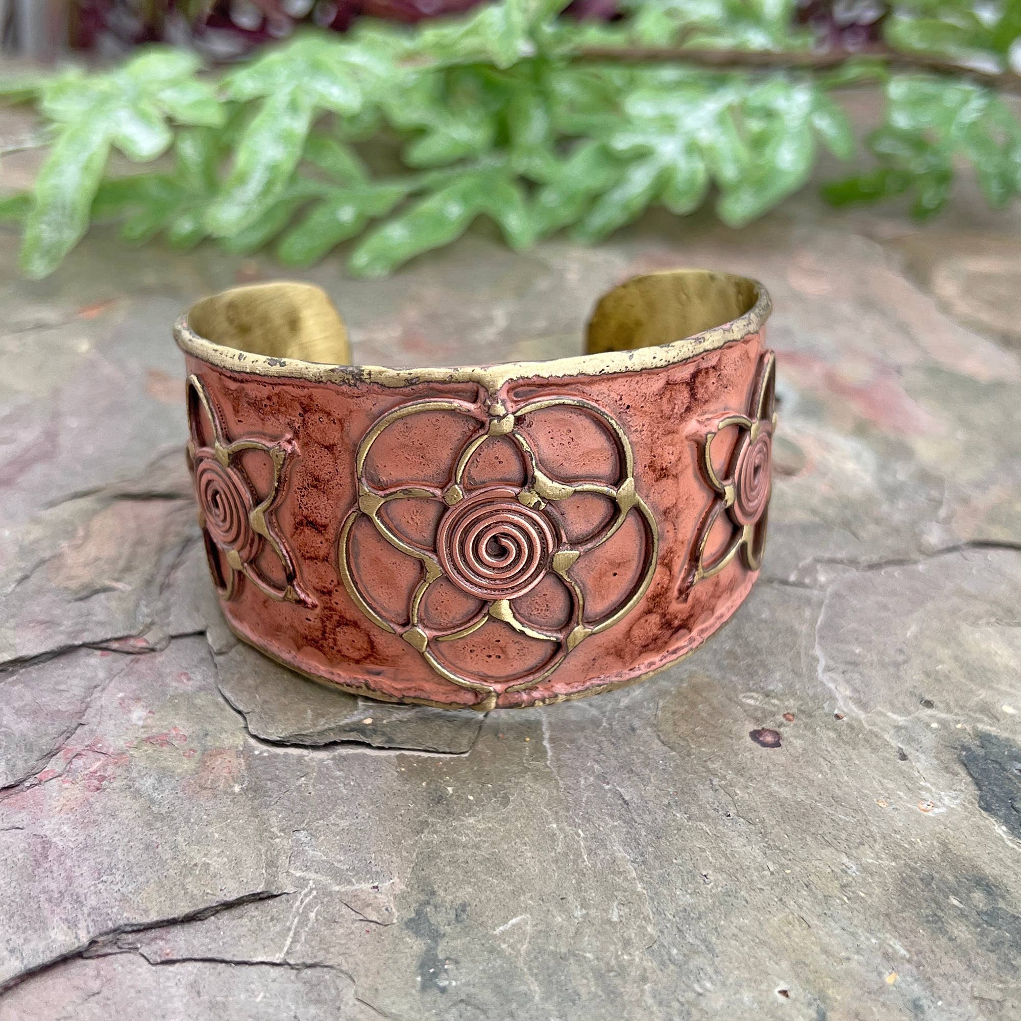 Brass Patina Cuff Bracelet - Peach Lotus