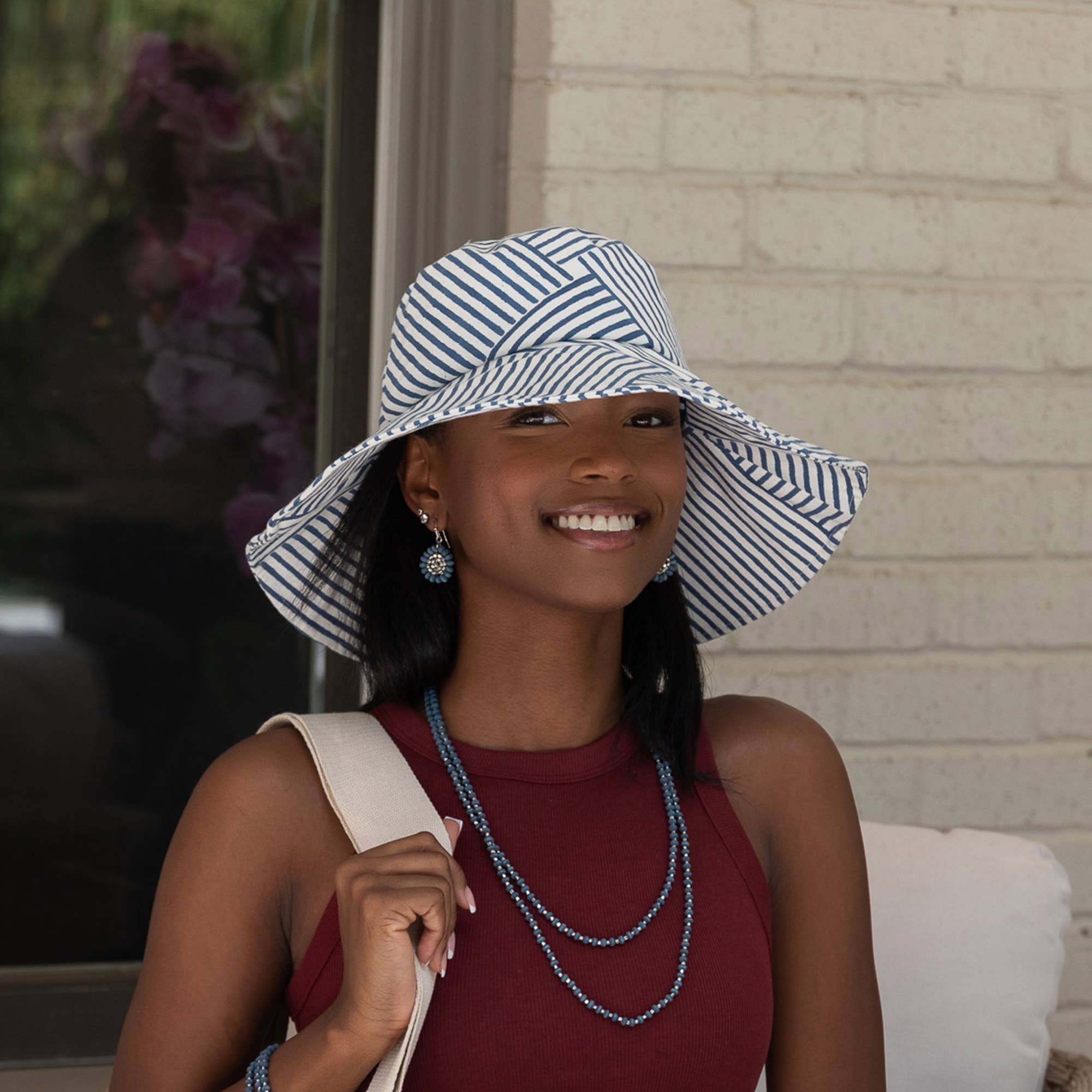 Handcrafted Block Print Sun Hat - Blue Stripe