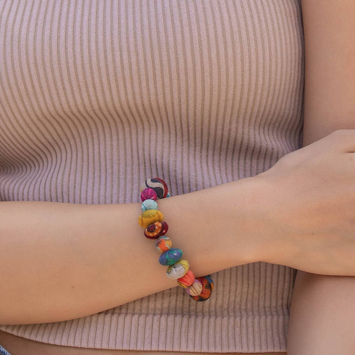 Small Aasha Bracelet - Elastic Oval and Round Bead Bracelet