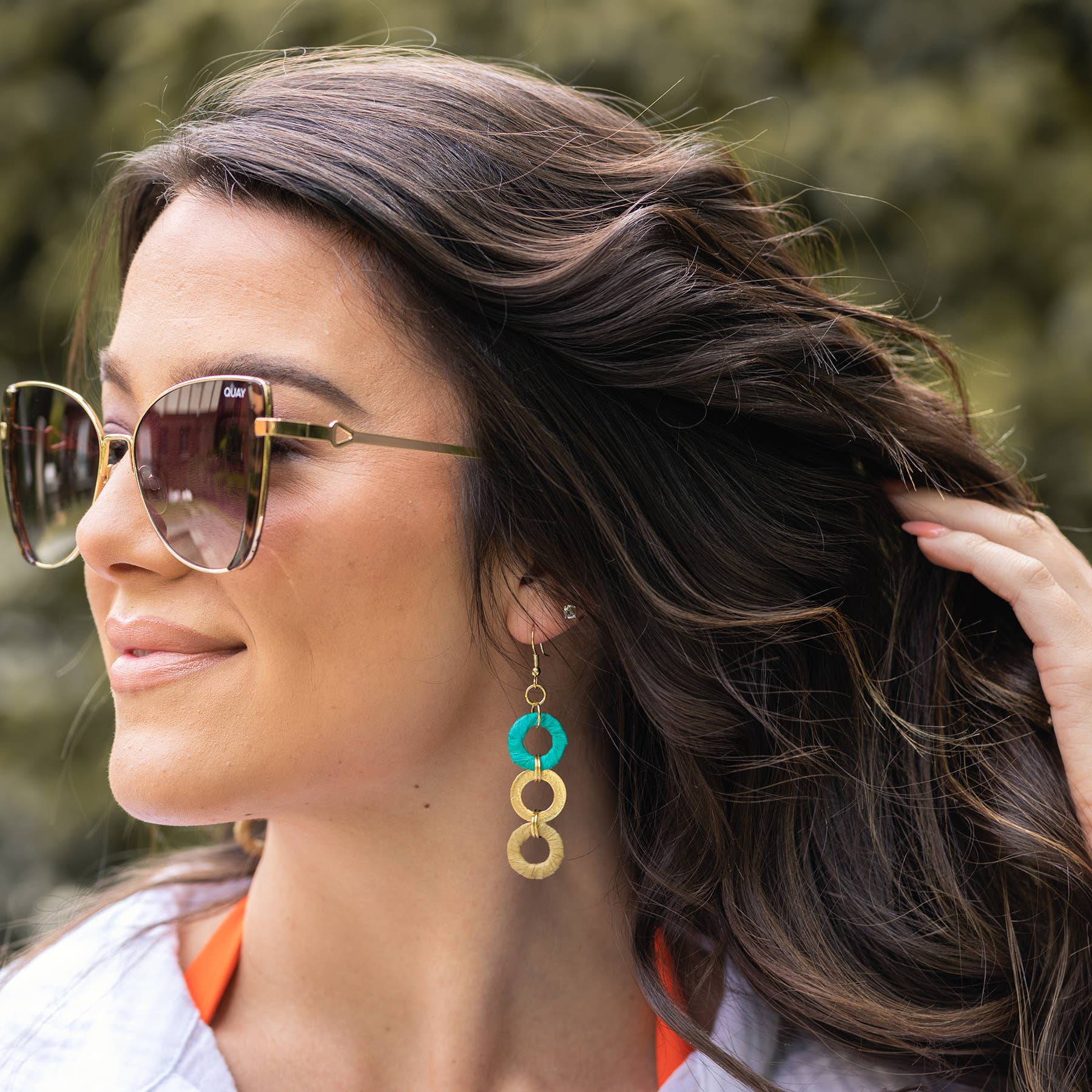 Sachi Raffia Rings Earrings - Teal and Beige Small Rings