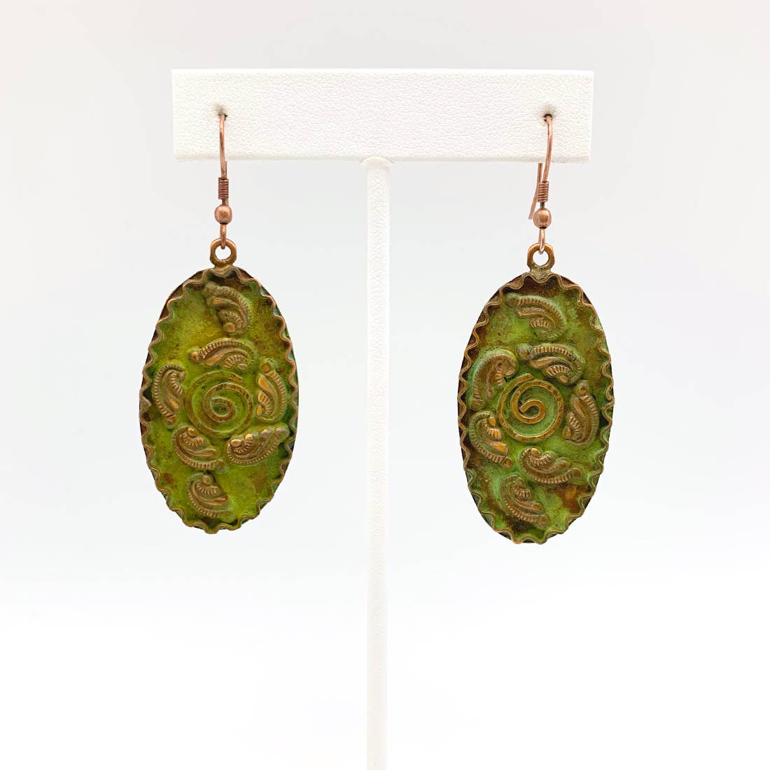 Copper Patina Earrings - Filigree with Spiral Green Ovals