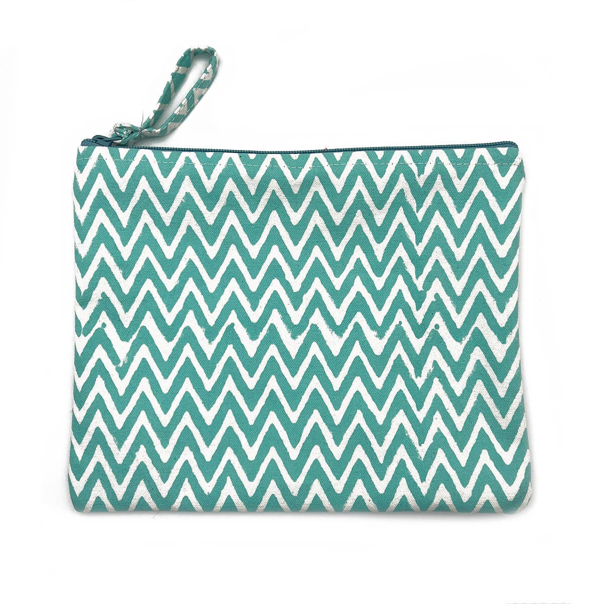 Block-Printed Canvas Zipper Pouch Aqua Zigzag