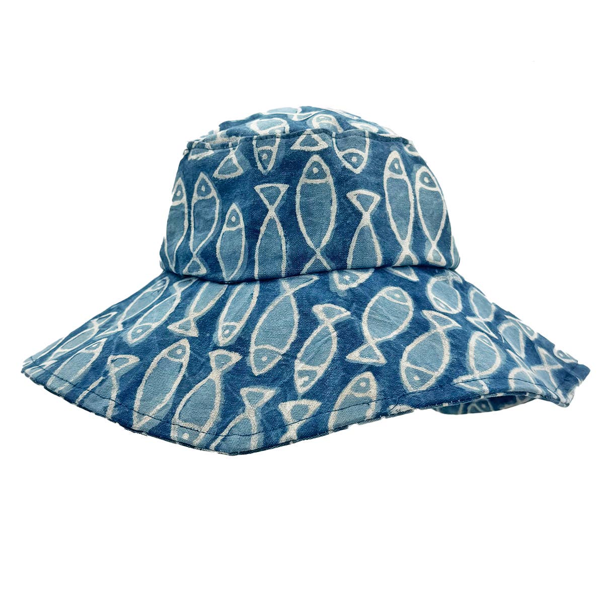 Block-Printed Canvas Deep Blue Fish Sun Hat