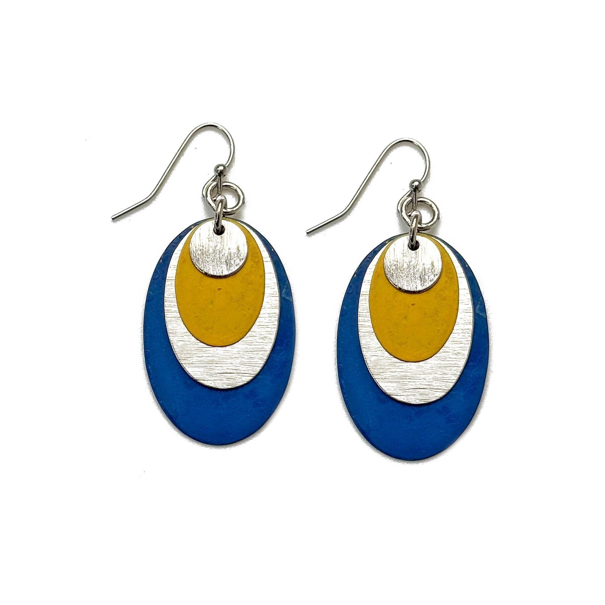 Handcrafted Yellow & Blue Patina Layered Oval Earrings