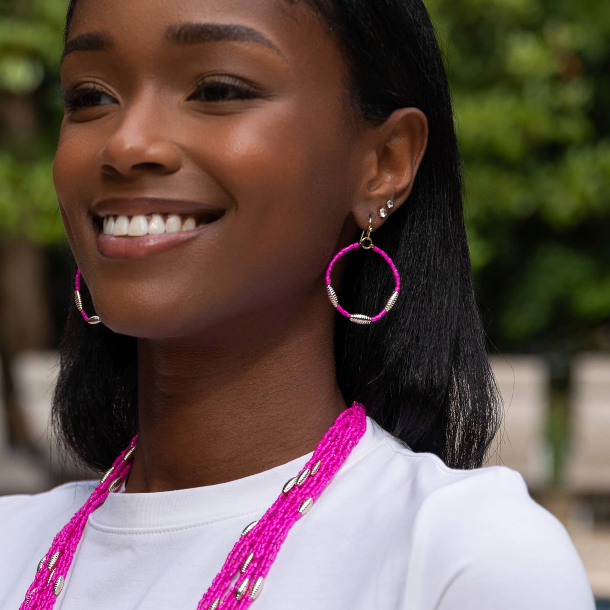 Seed Bead Hoop Earrings - Fuchsia