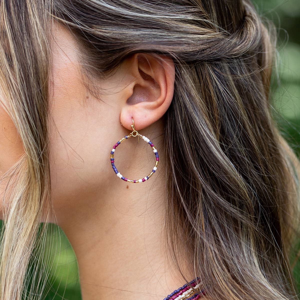 Seed Bead Hoop Earrings - Navy and Burgundy