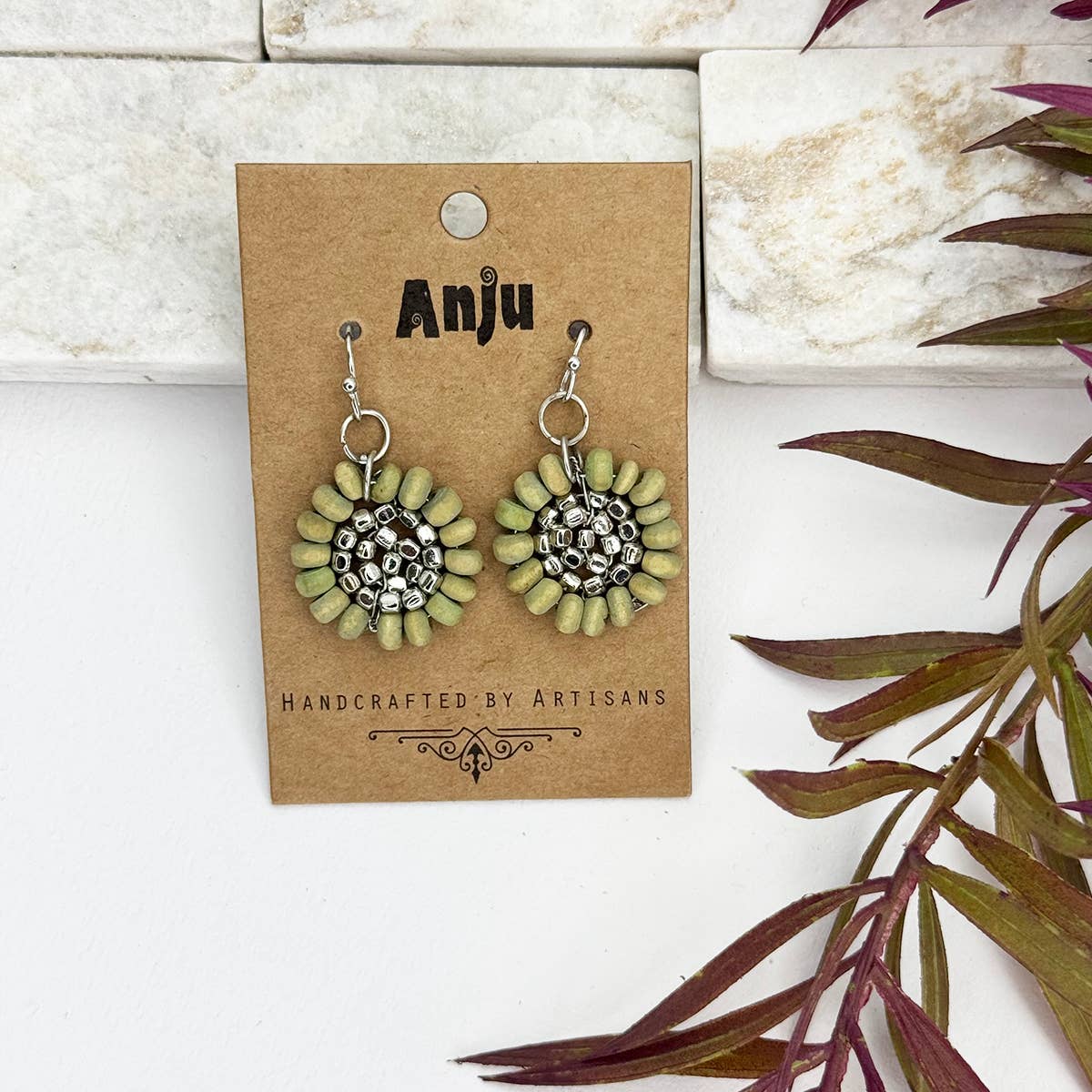 Sachi Wood Bead Flower Earrings - Sage