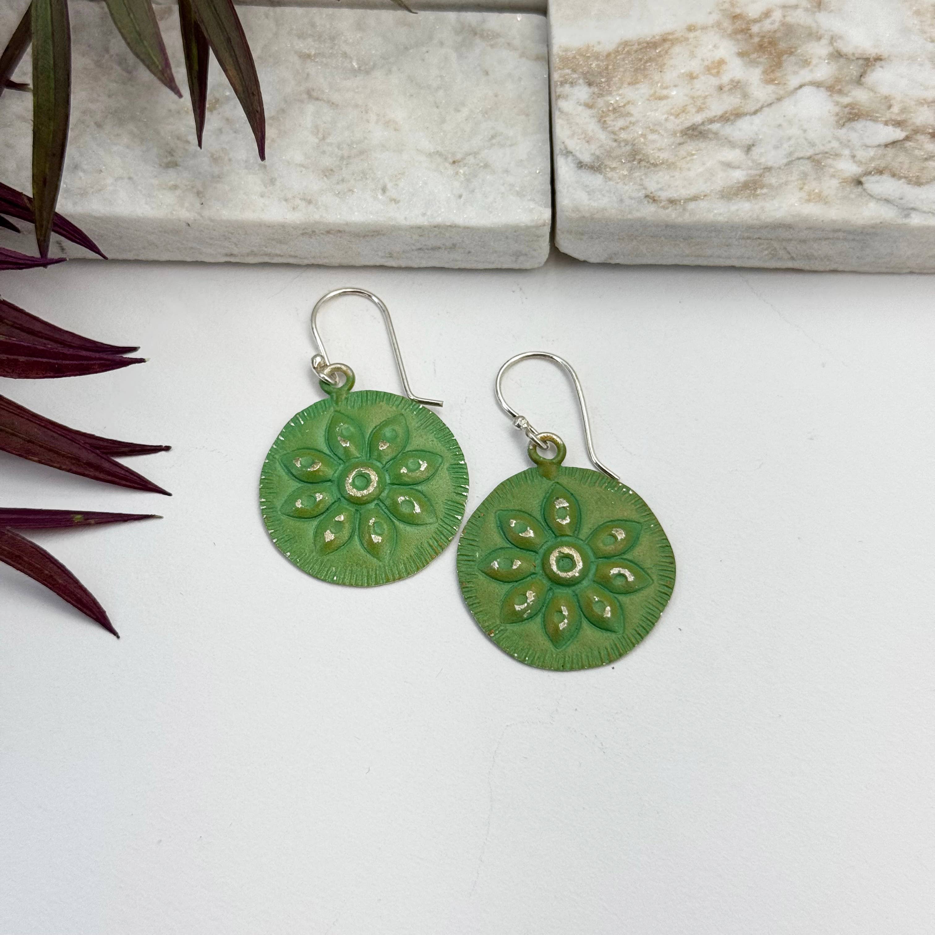 Handcrafted Silver Patina Green Floral Earrings