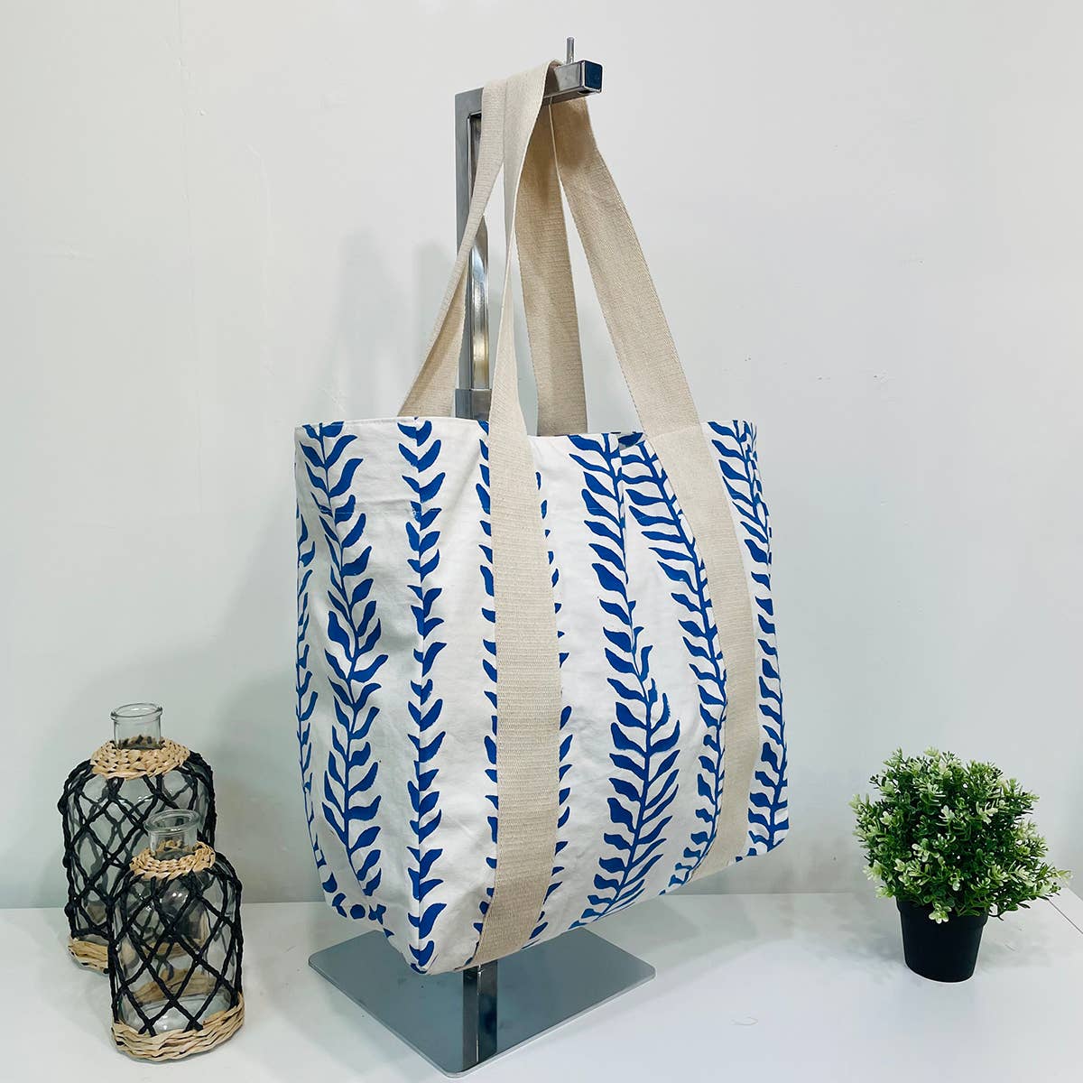 Handcrafted Canvas Bag with Block-Printed Seaside Serenity