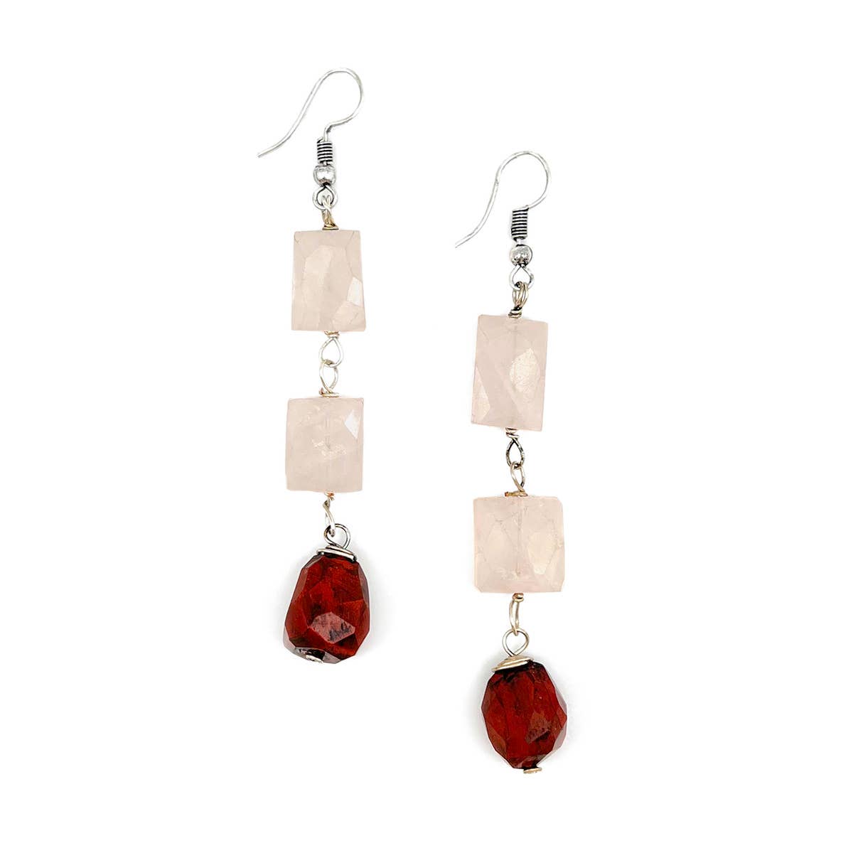 Banjara Cascading Stones Earrings - Rose Quartz, Red Jasper