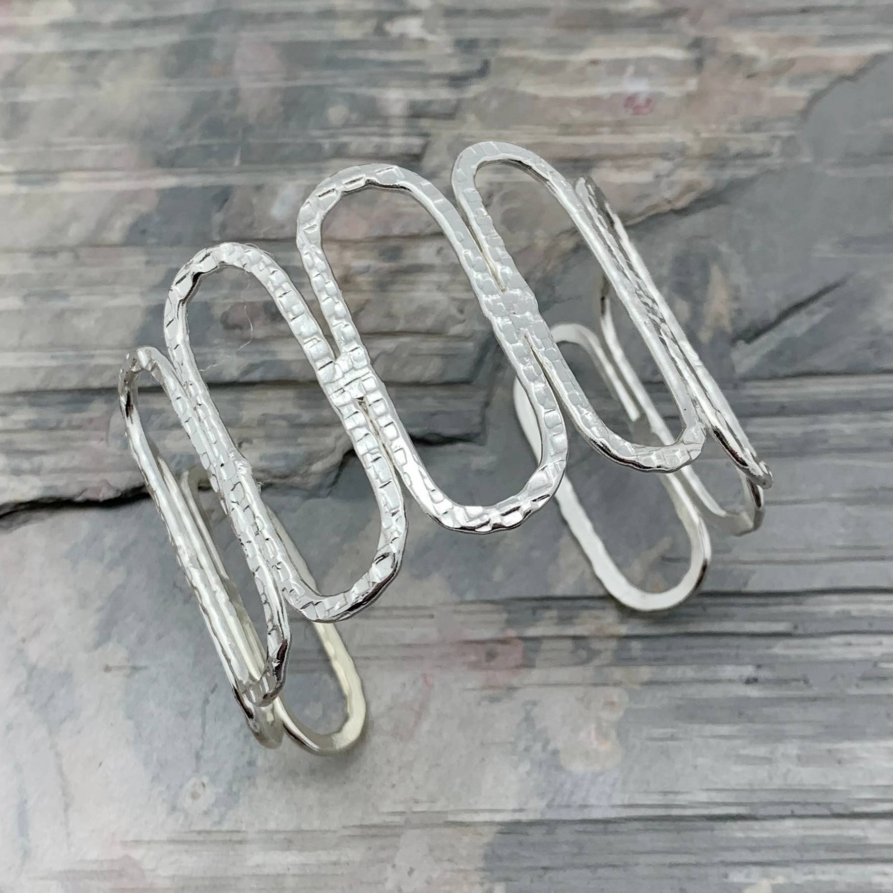 Silver Plated Adjustable Cuff Bracelet - Open Tall Ovals