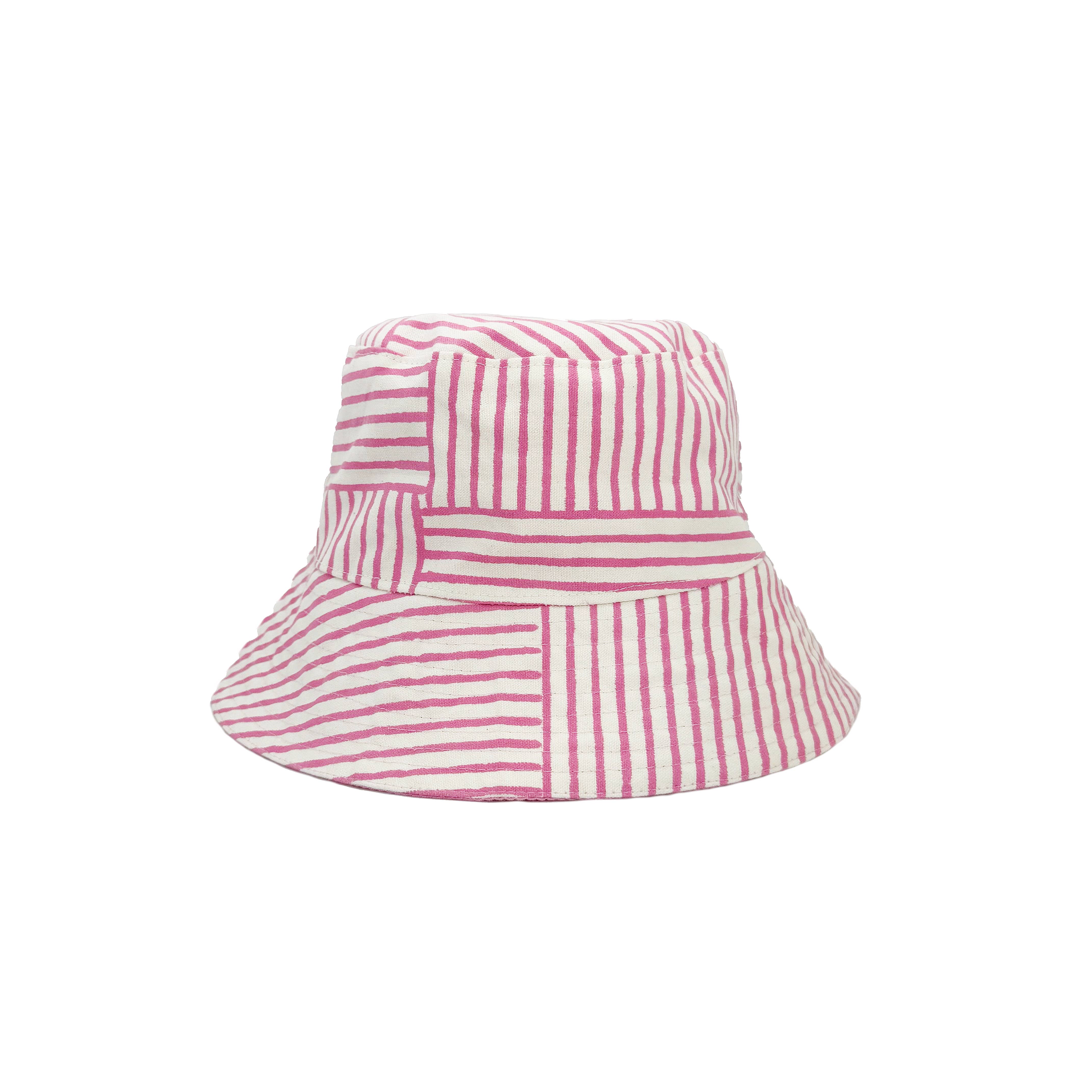 Block-Printed Canvas Pink Stripes Bucket Hat