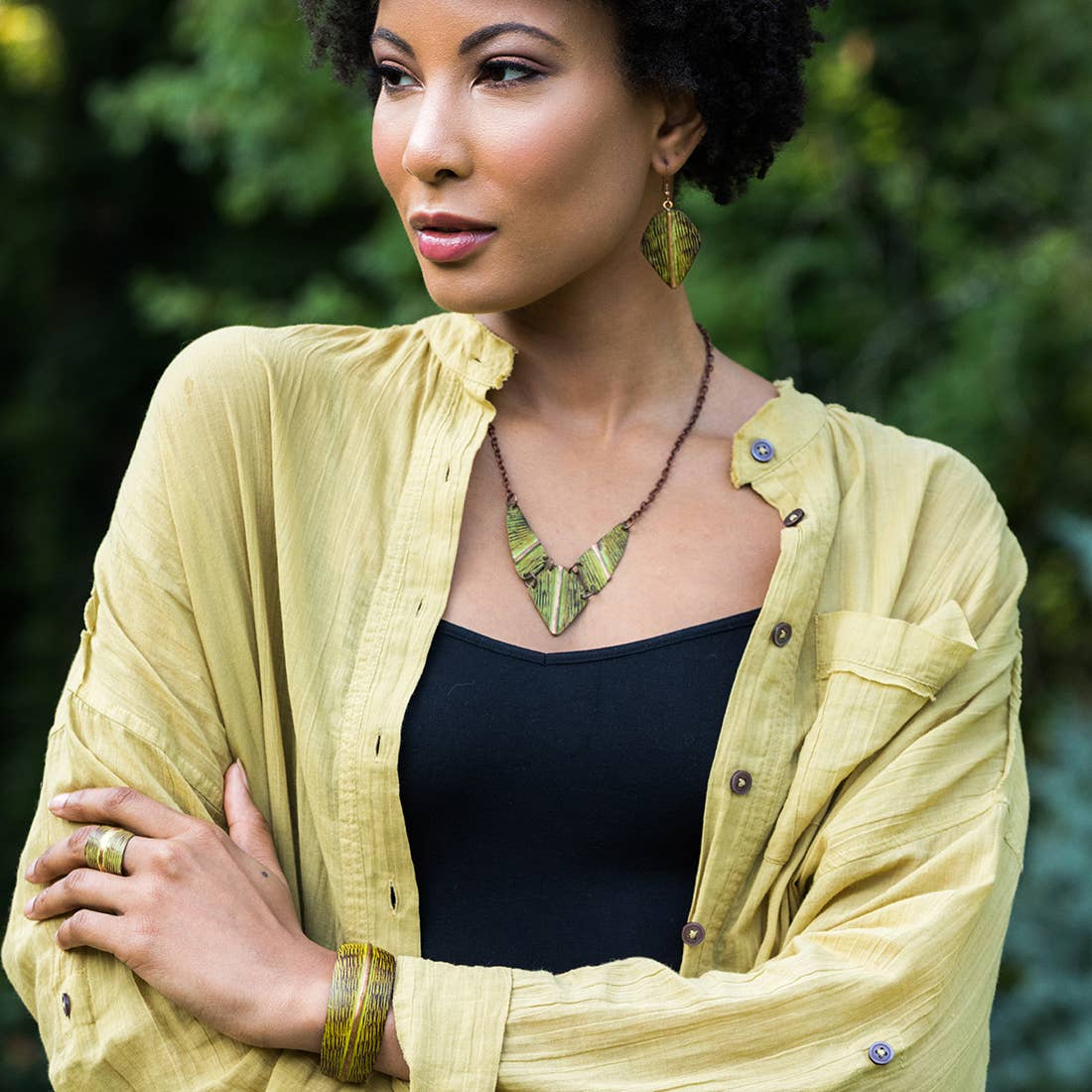 Copper Patina Necklace - Chartreuse Hatchmark Print