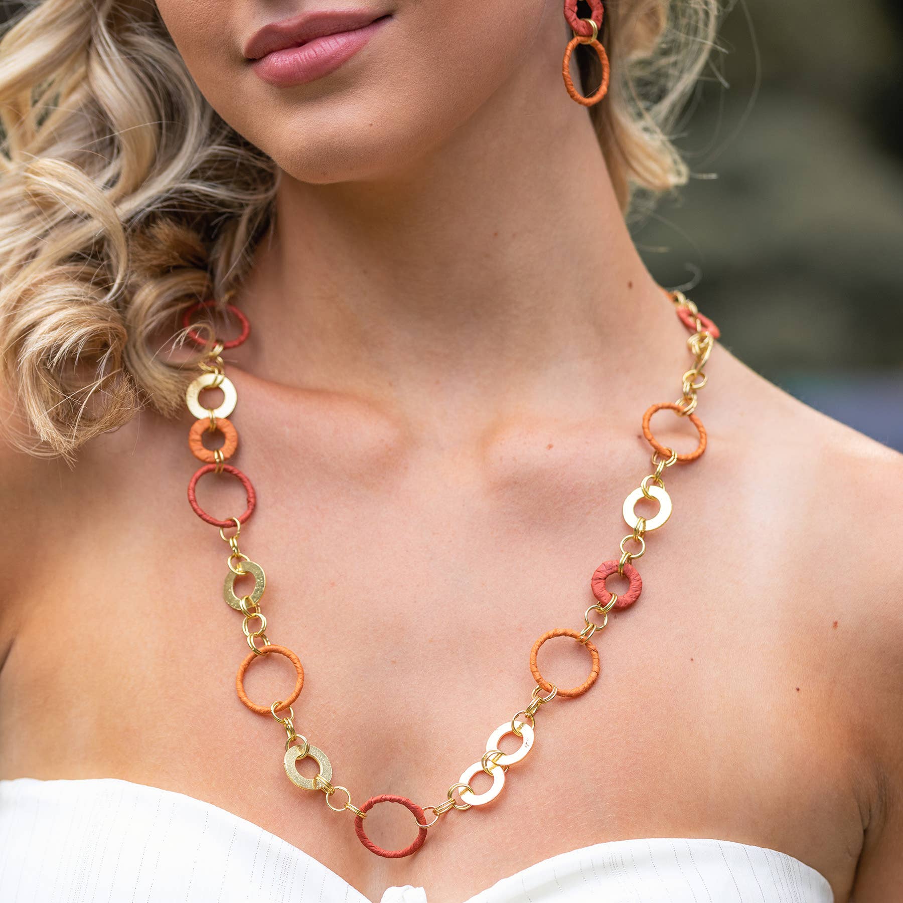 Sachi Raffia Rings Necklace - Rust Large and Small Rings