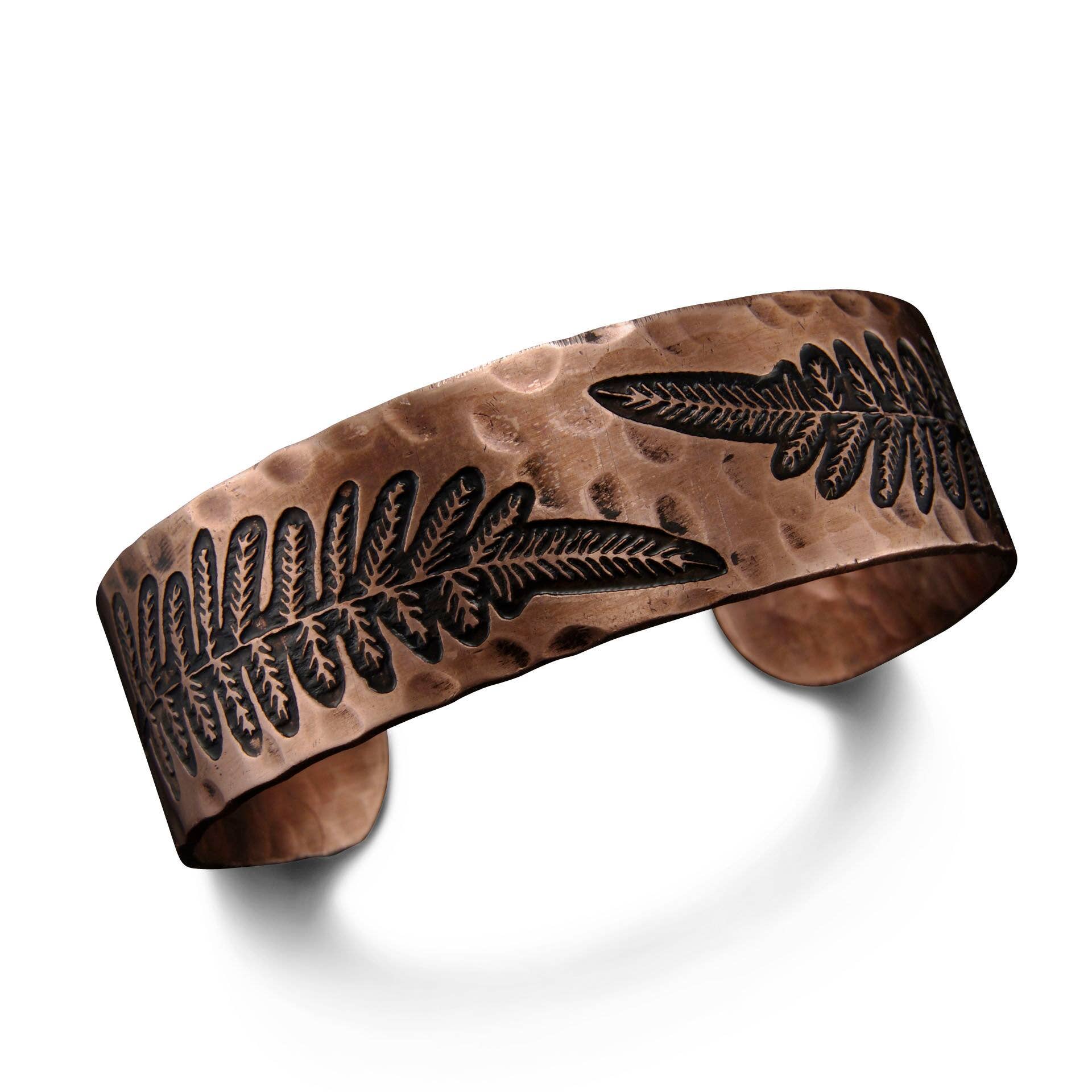 Two Fern Leaves Copper Engraved Cuff Bracelet