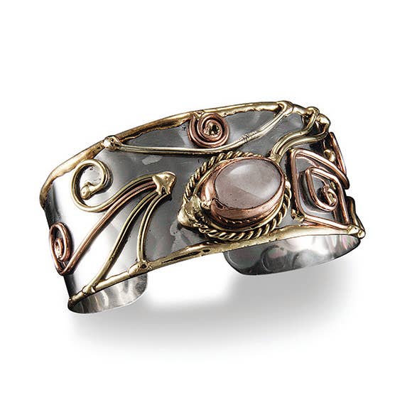 Mixed Metal Cuff Bracelet - Rose Quartz