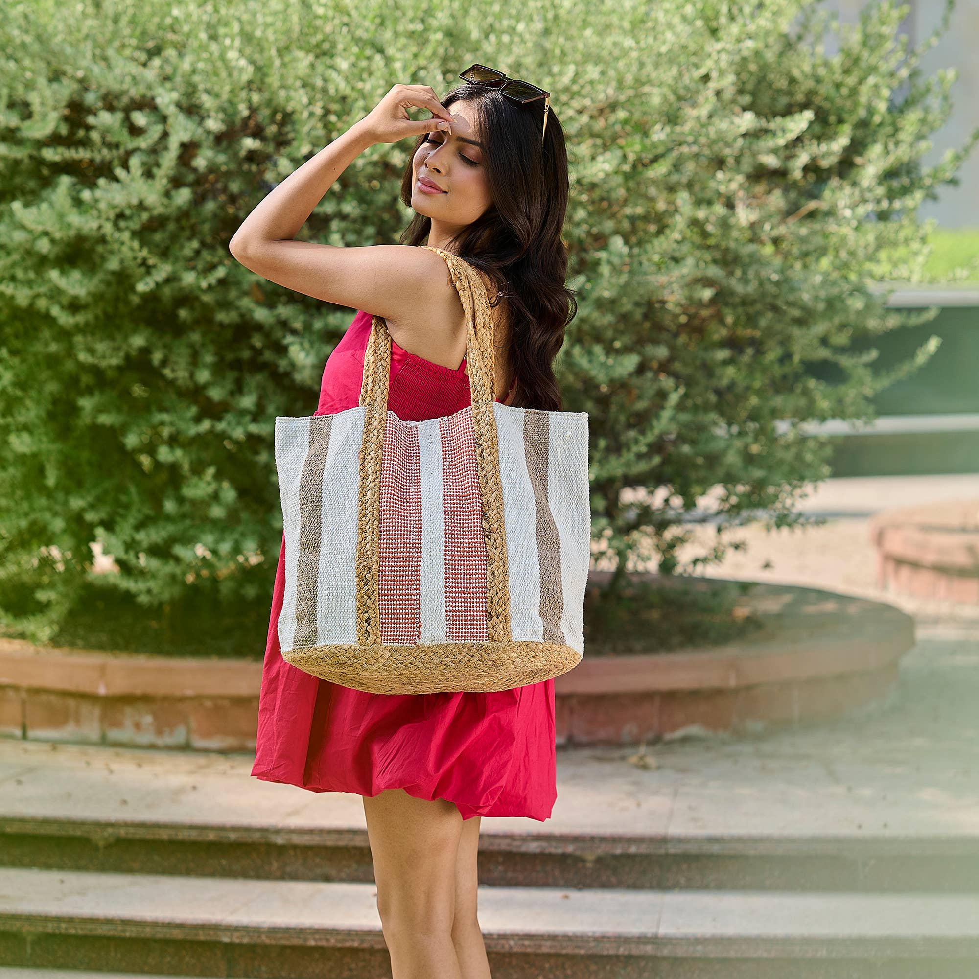 Cayman Tote - Coral and White Stripes Jute Tote