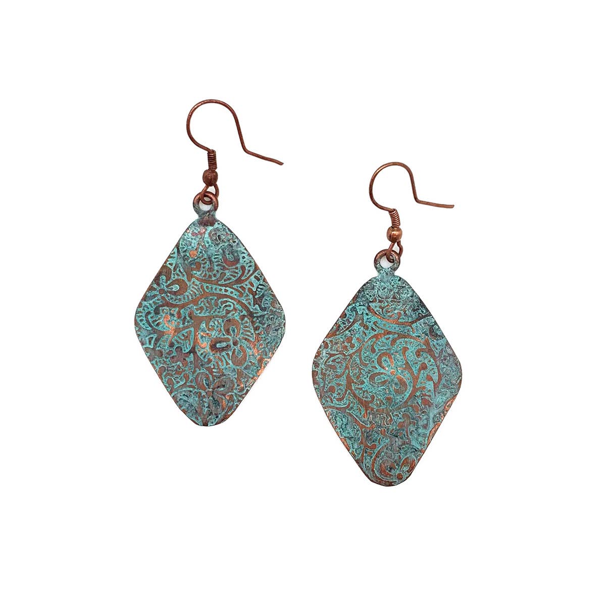Copper Patina Earrings - Aqua Floral Paisley Diamond