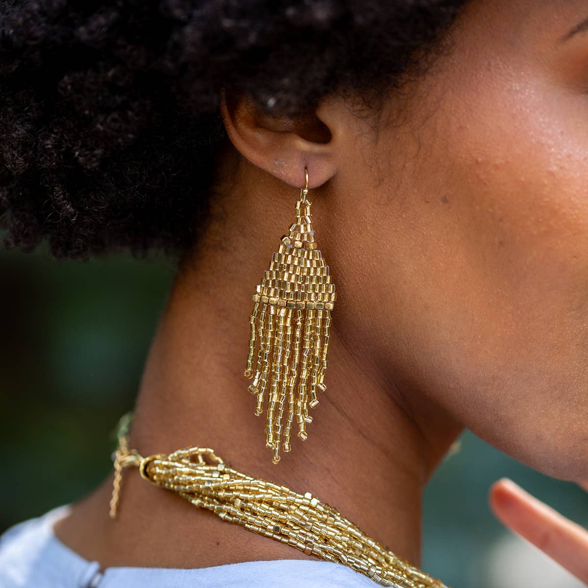 Seedbead Tapered Fringe Earrings - Gold