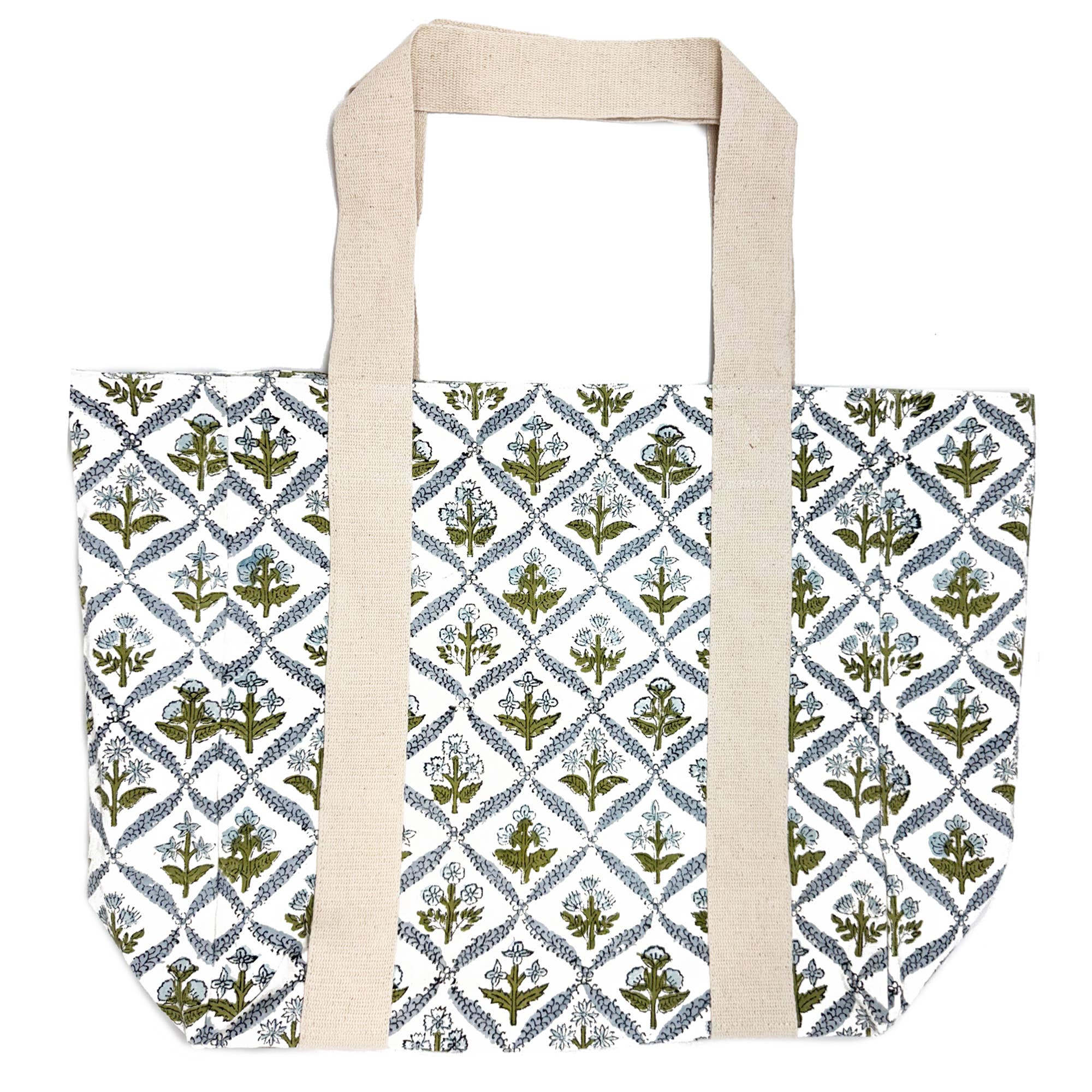 Handcrafted Canvas Bag with Block-Printed Blue Trellis