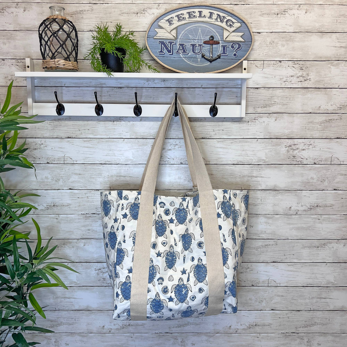 Handcrafted Canvas Bag with Block-Printed Sea Turtles