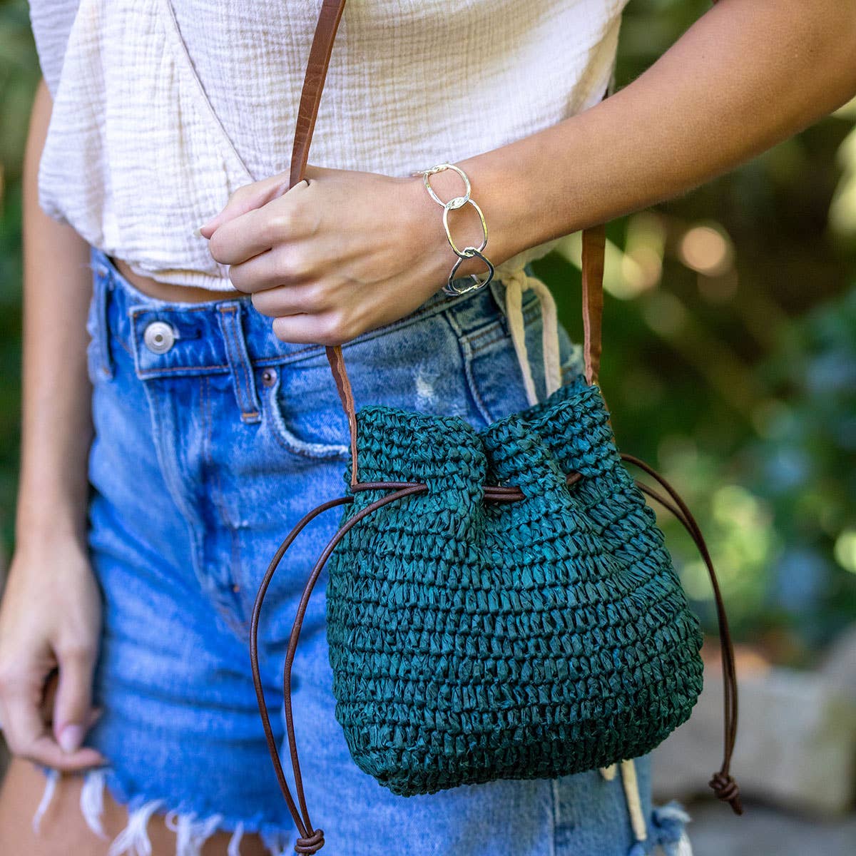 Scarlett Cross Body Bag - Raffia Midnight Teal Bucket Bag